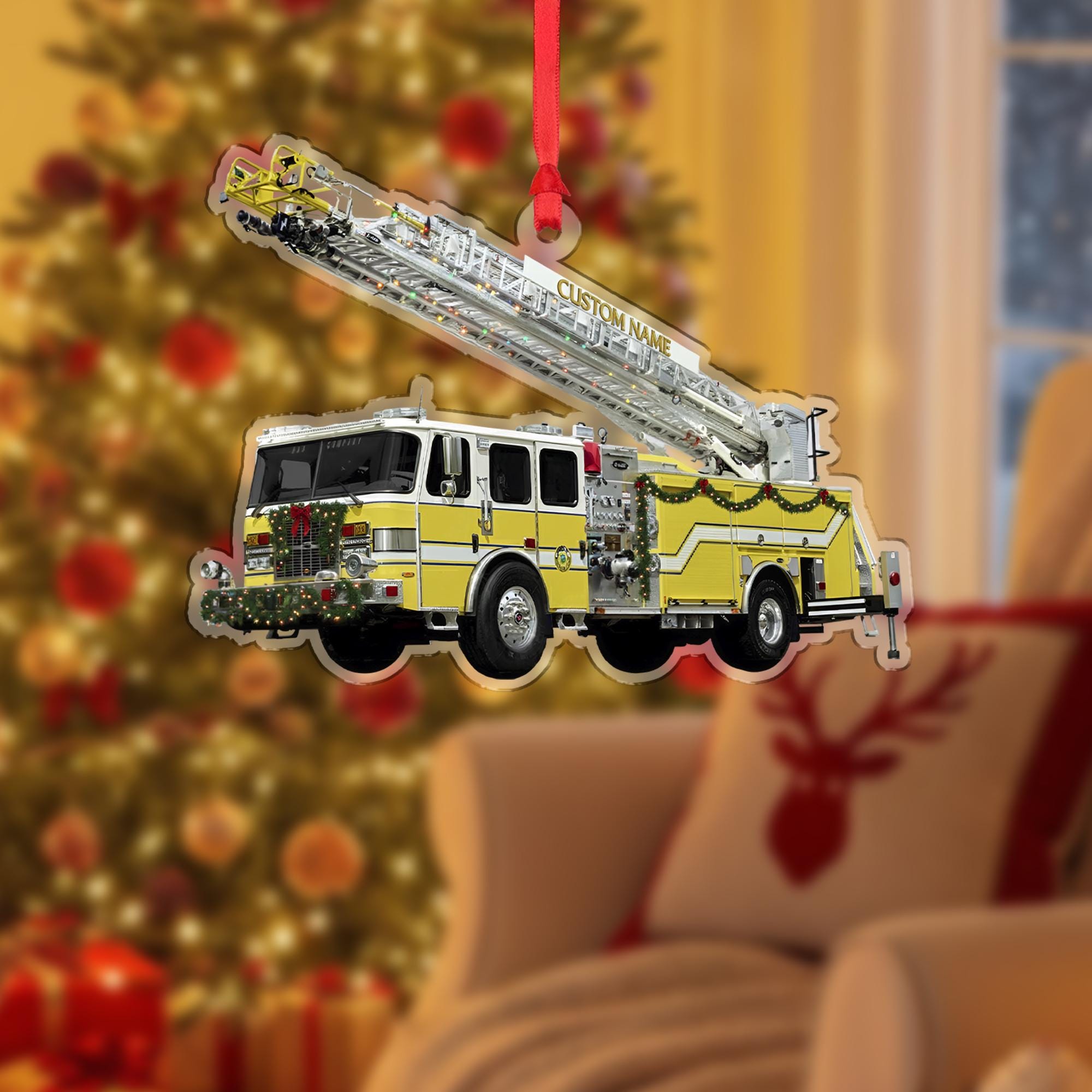 Personalized Fire Truck Ornament – Custom Wooden Ladder Engine Firefighter Christmas Decoration
