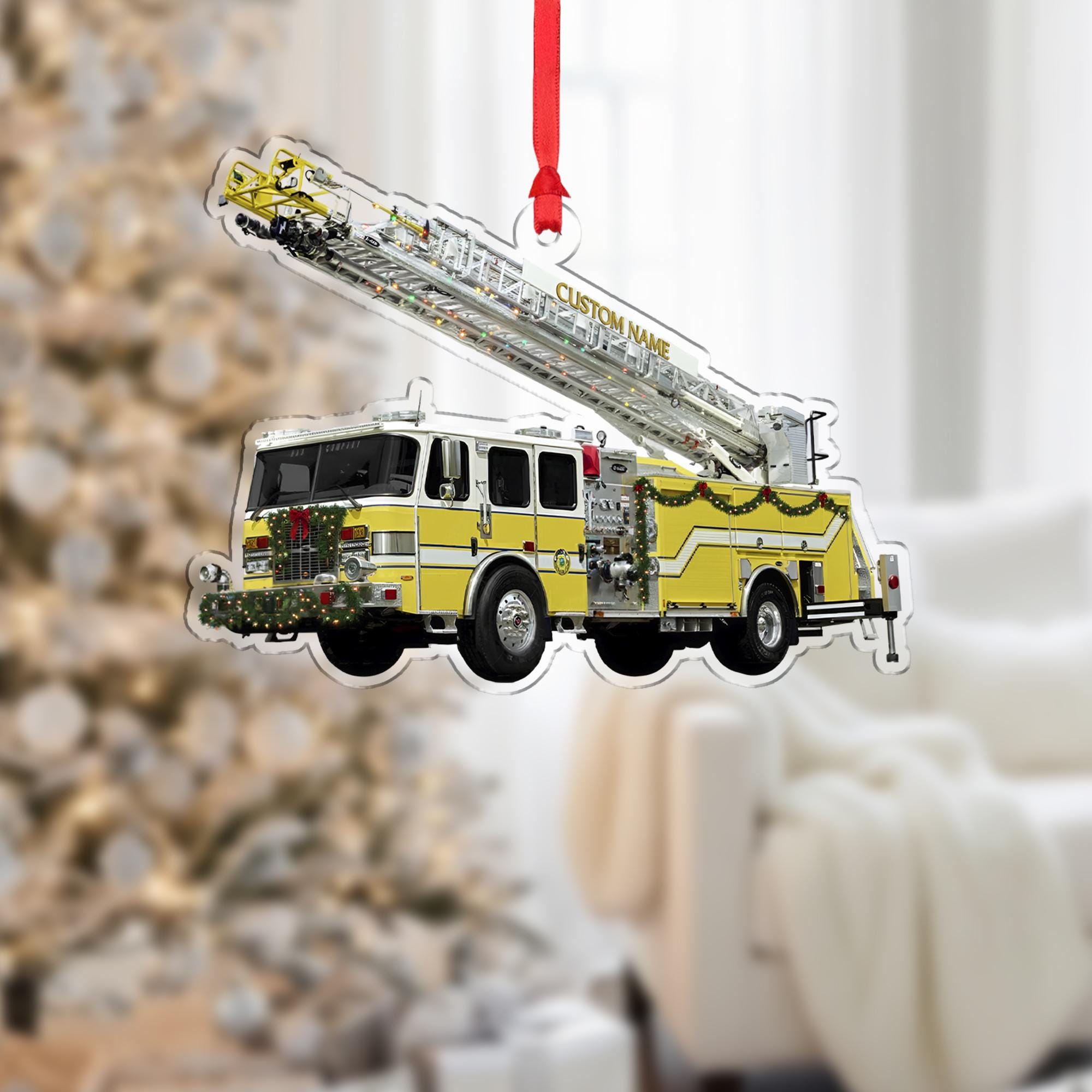 Personalized Fire Truck Ornament – Custom Wooden Ladder Engine Firefighter Christmas Decoration