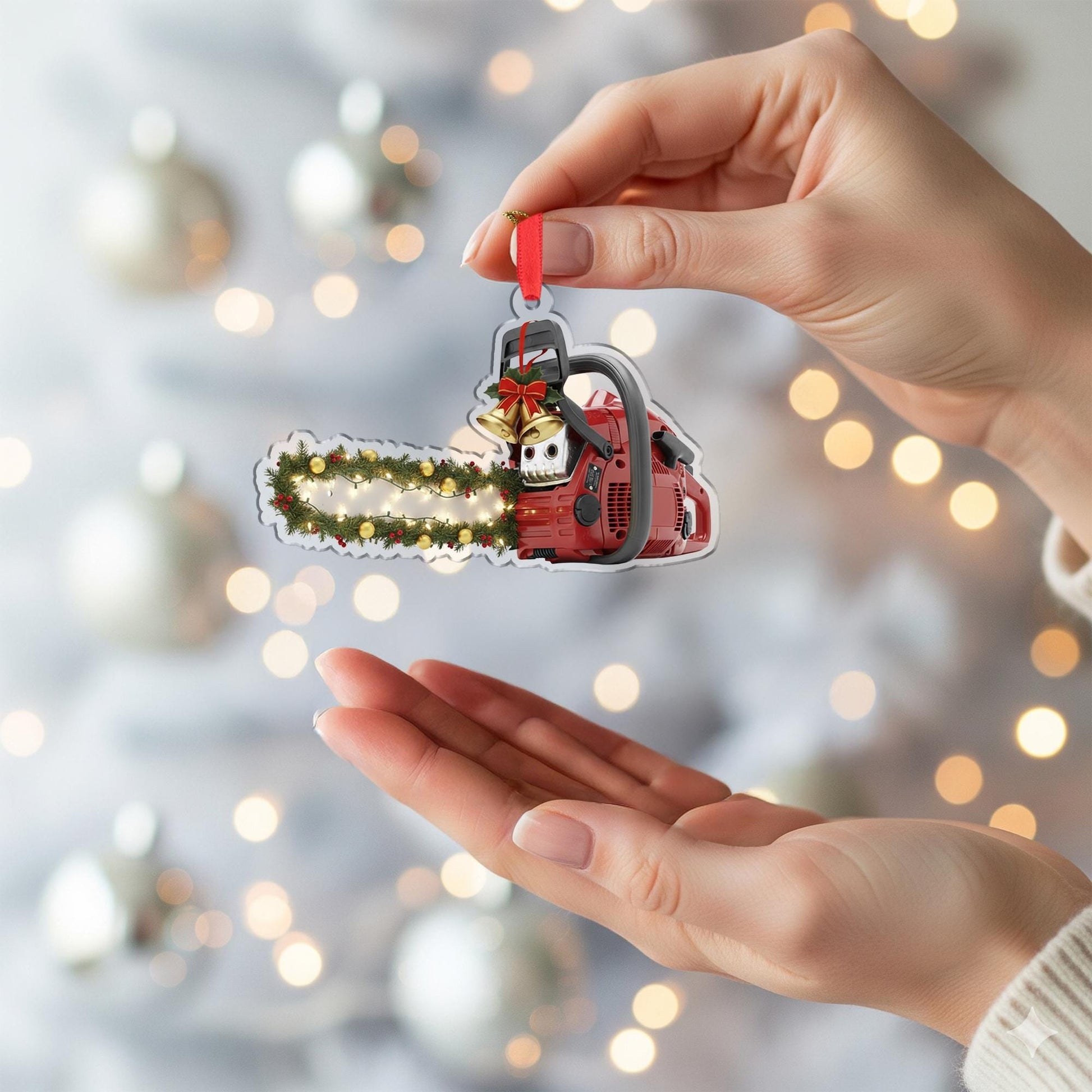 Acrylic Chainsaw Ornament – Lumberjack Christmas Tree Decoration with Lights and Garland