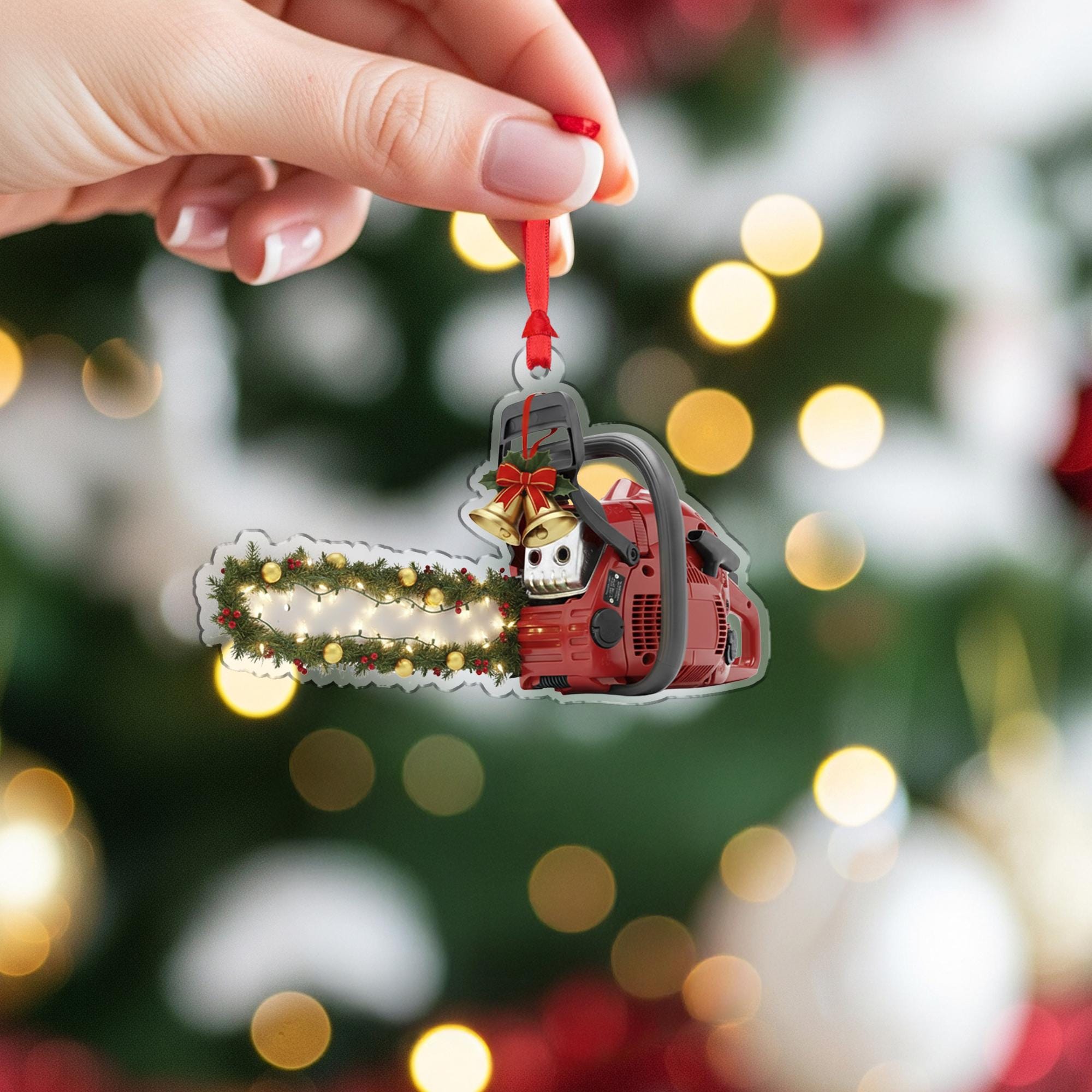 Acrylic Chainsaw Ornament – Lumberjack Christmas Tree Decoration with Lights and Garland