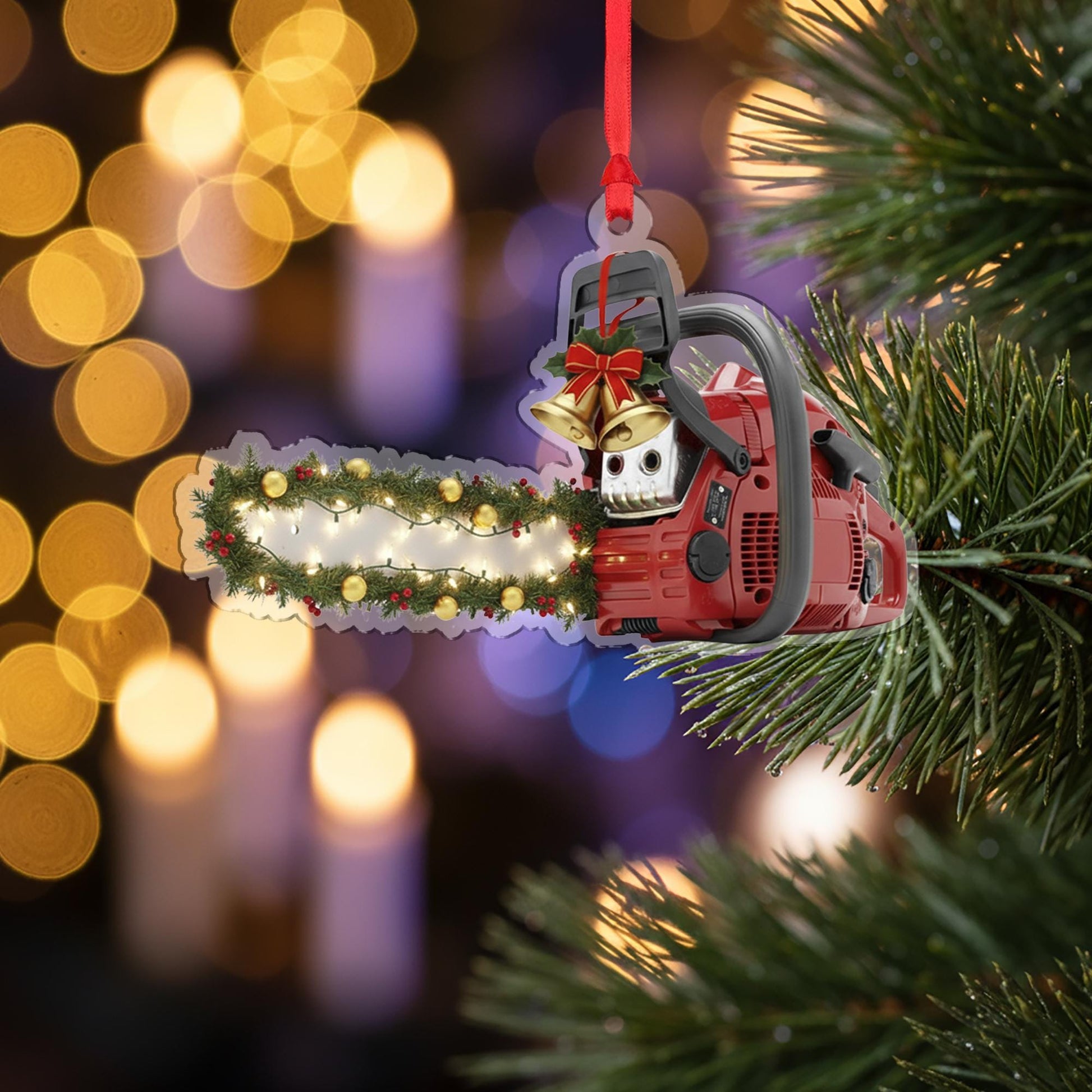 Acrylic Chainsaw Ornament – Lumberjack Christmas Tree Decoration with Lights and Garland