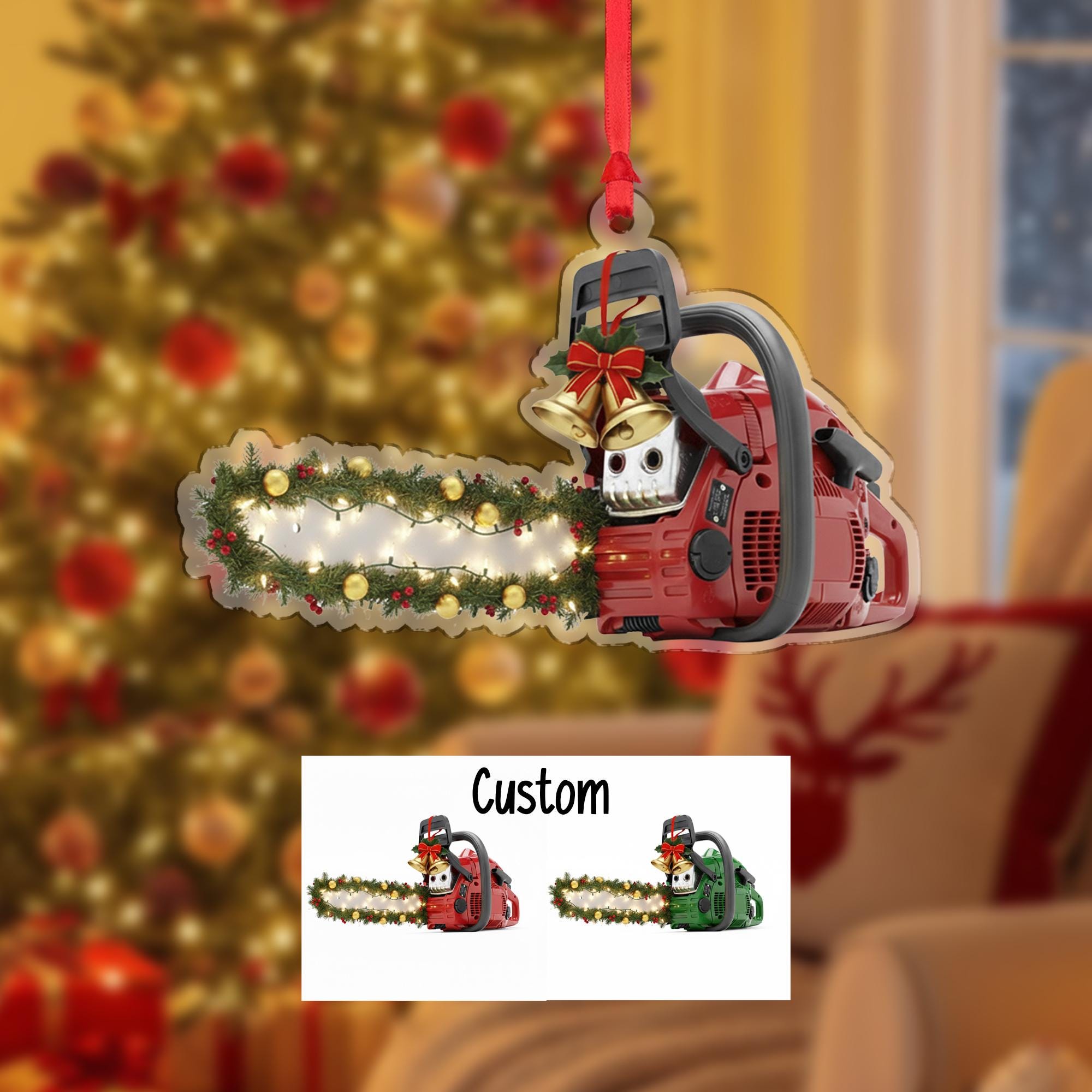 Acrylic Chainsaw Ornament – Lumberjack Christmas Tree Decoration with Lights and Garland