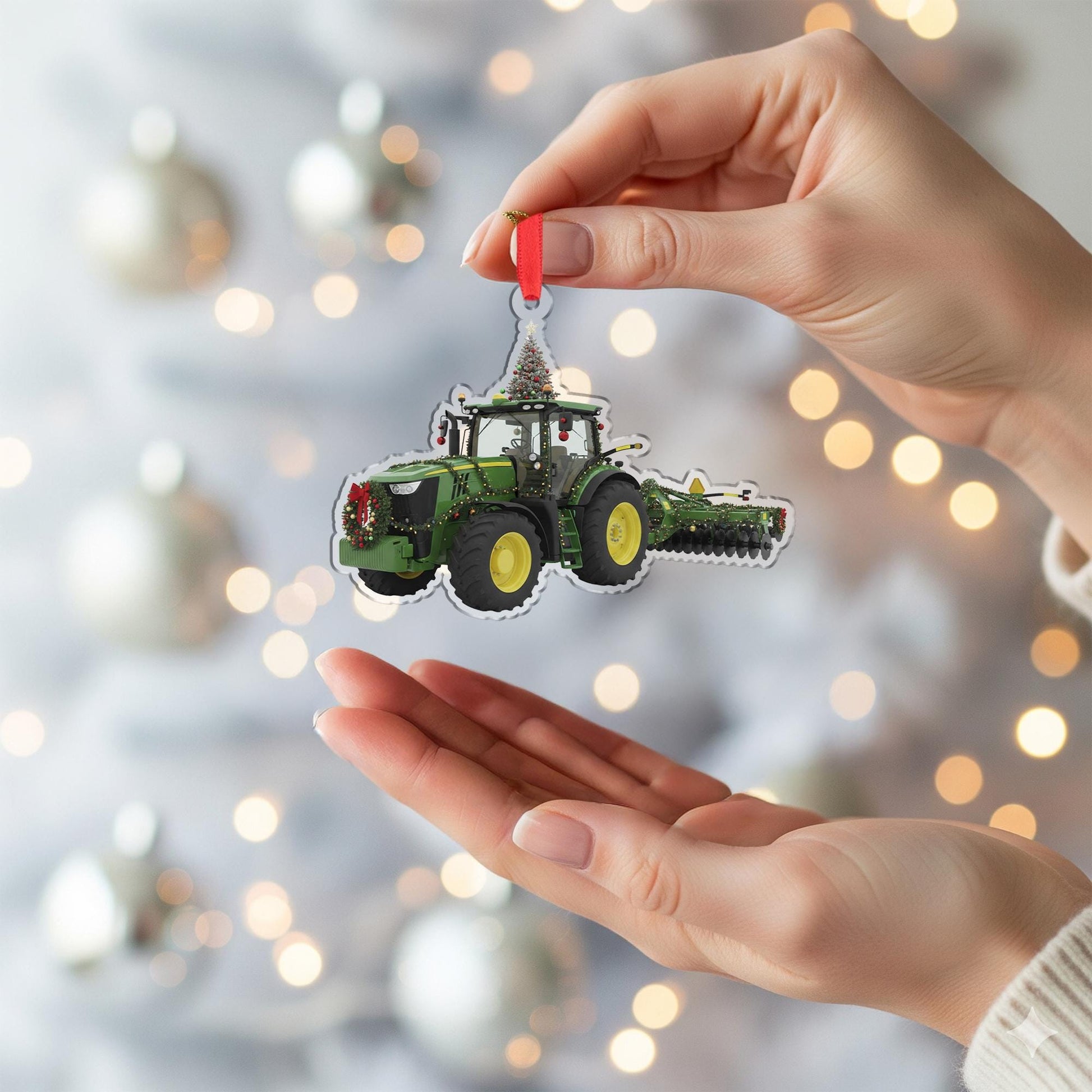 Wooden Tractor Ornament – Farm Equipment Christmas Tree Decoration with Wreath and Lights