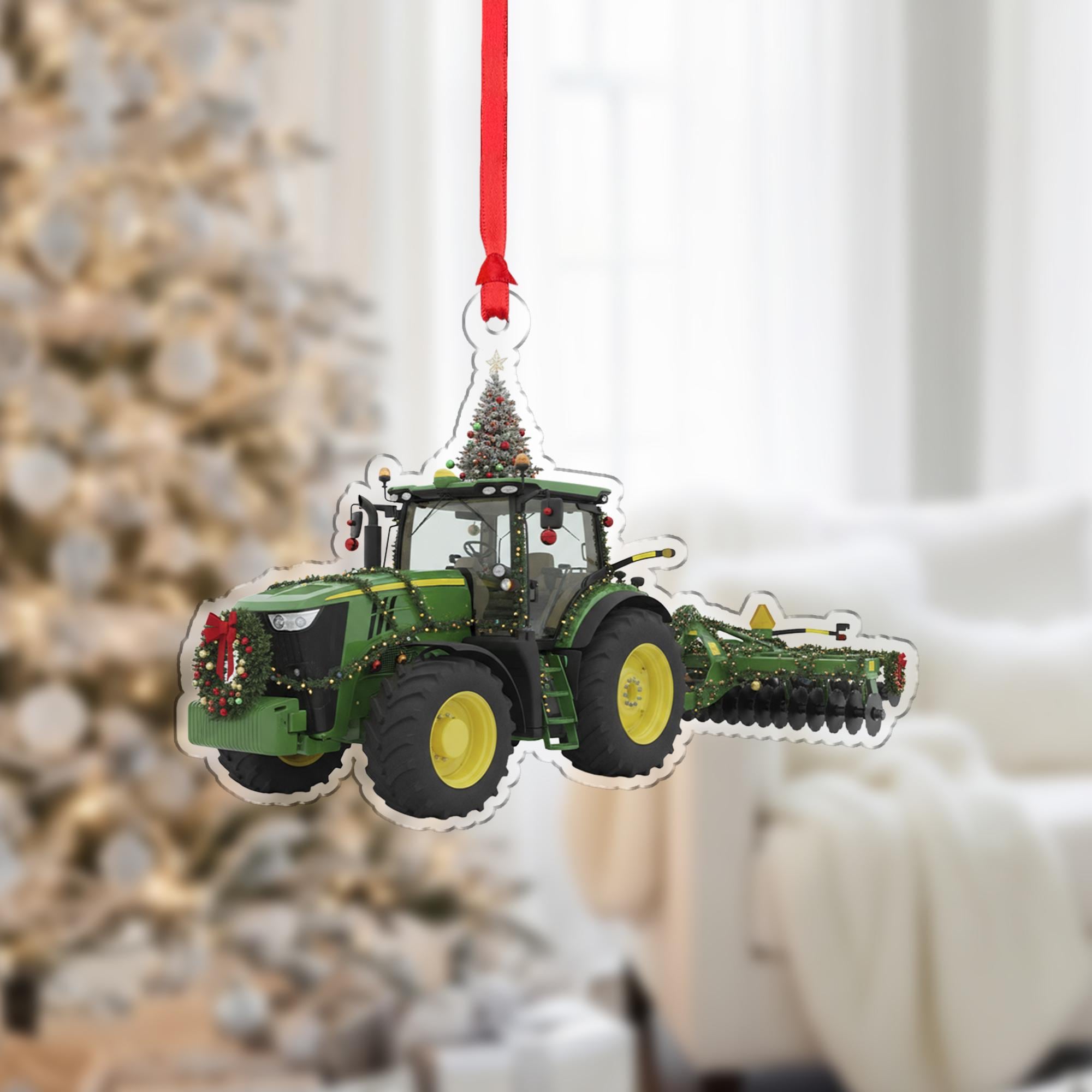 Wooden Tractor Ornament – Farm Equipment Christmas Tree Decoration with Wreath and Lights