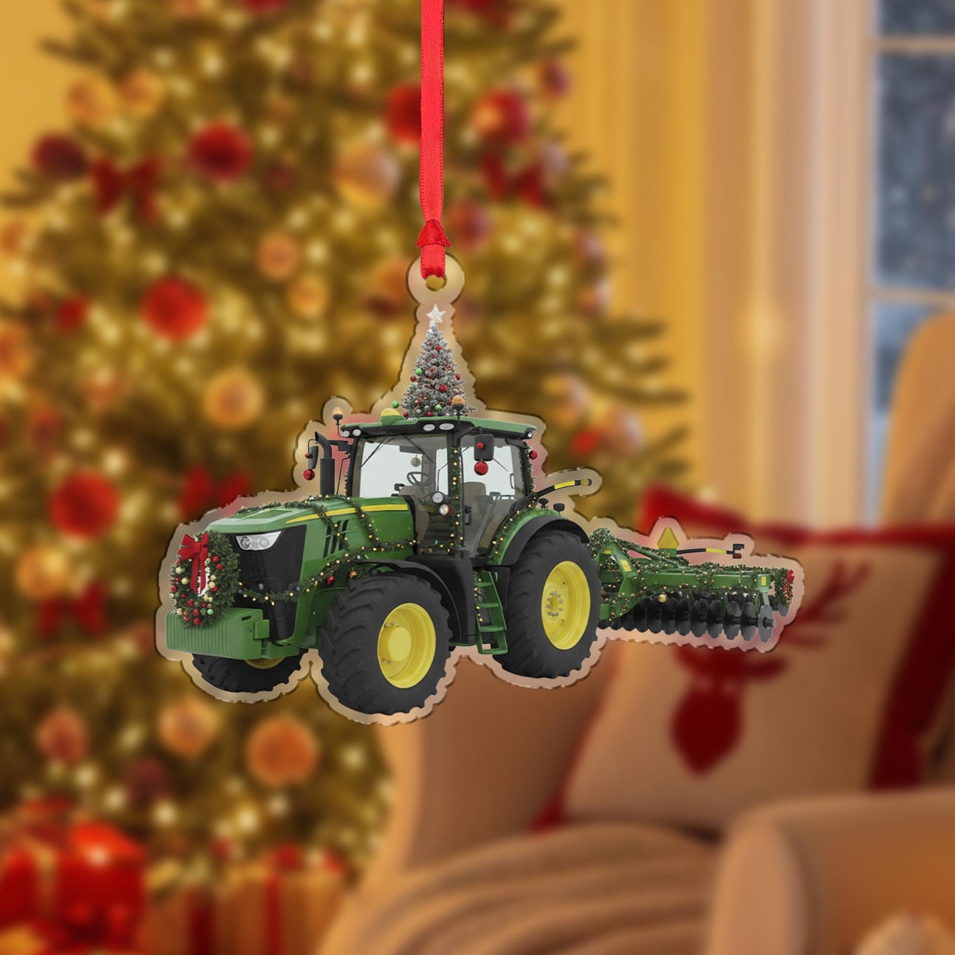 Wooden Tractor Ornament – Farm Equipment Christmas Tree Decoration with Wreath and Lights