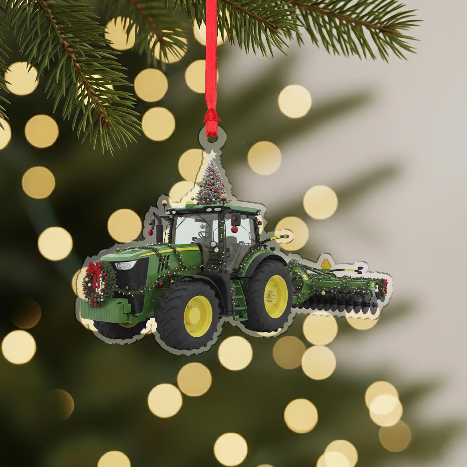 Wooden Tractor Ornament – Farm Equipment Christmas Tree Decoration with Wreath and Lights