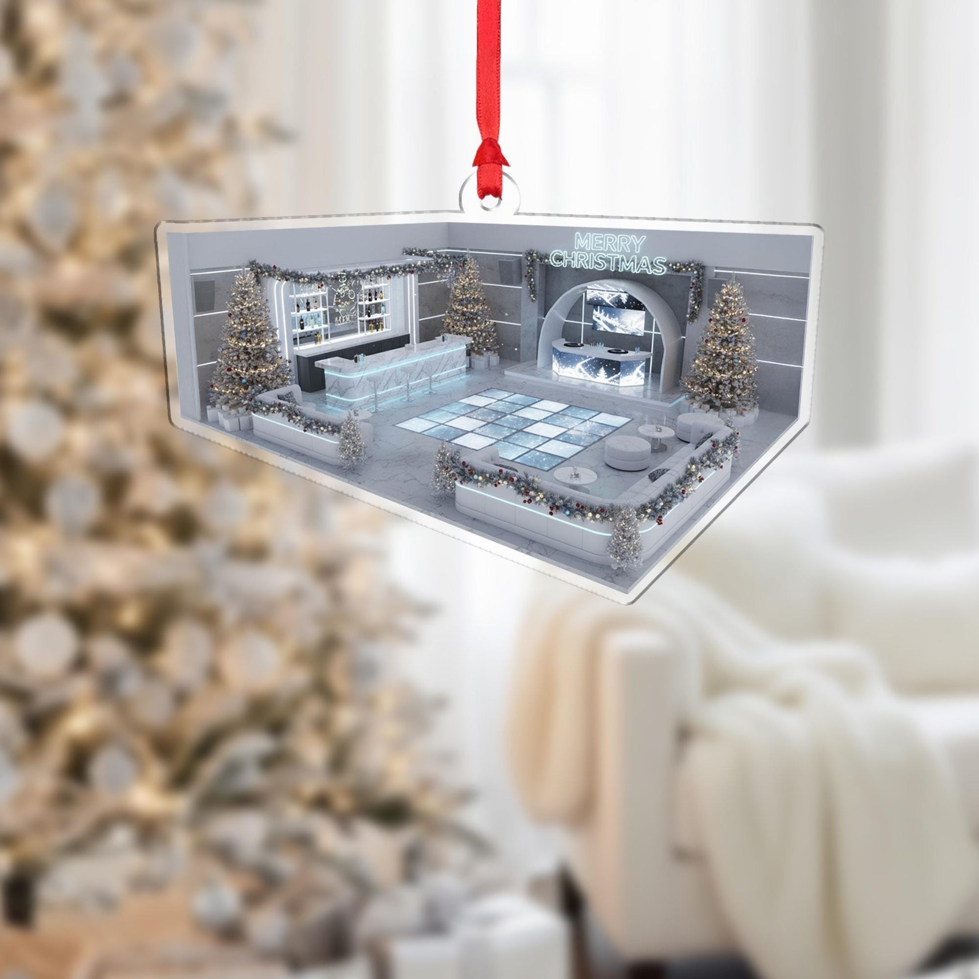 Acrylic Lounge Ornament – Modern Bar Scene Christmas Tree Decoration with Lights and Trees