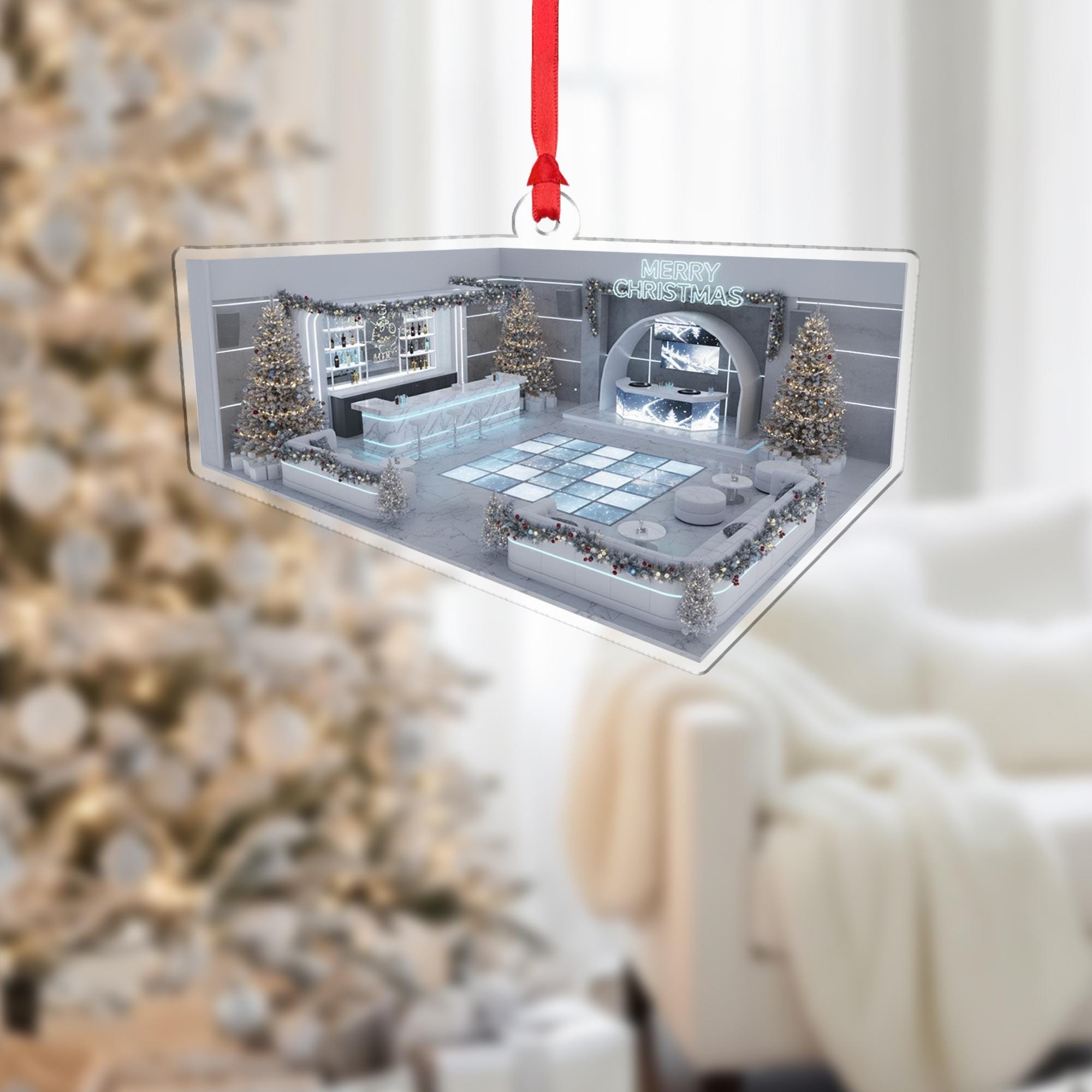 Acrylic Lounge Ornament – Modern Bar Scene Christmas Tree Decoration with Lights and Trees