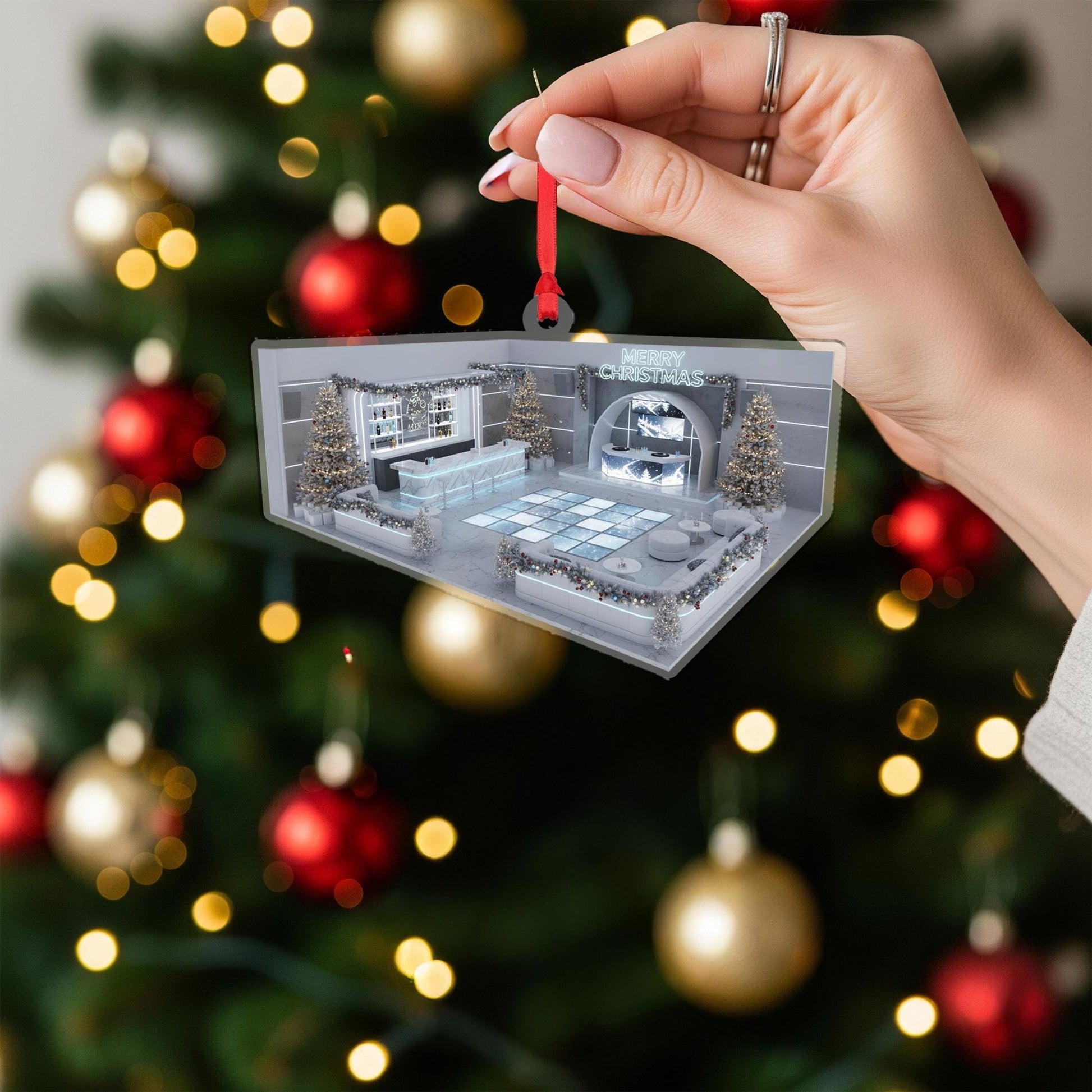 Acrylic Lounge Ornament – Modern Bar Scene Christmas Tree Decoration with Lights and Trees