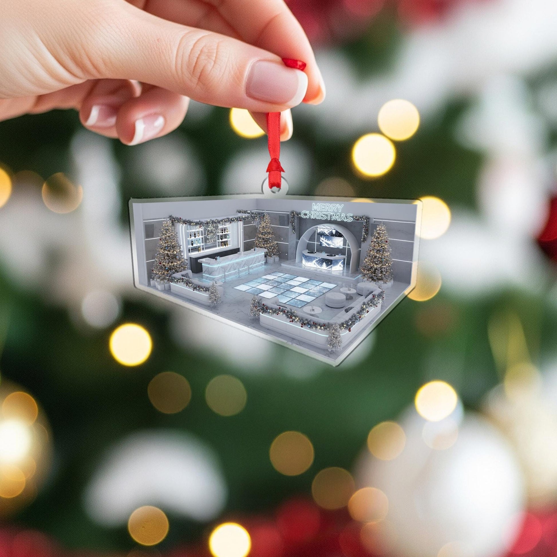 Acrylic Lounge Ornament – Modern Bar Scene Christmas Tree Decoration with Lights and Trees