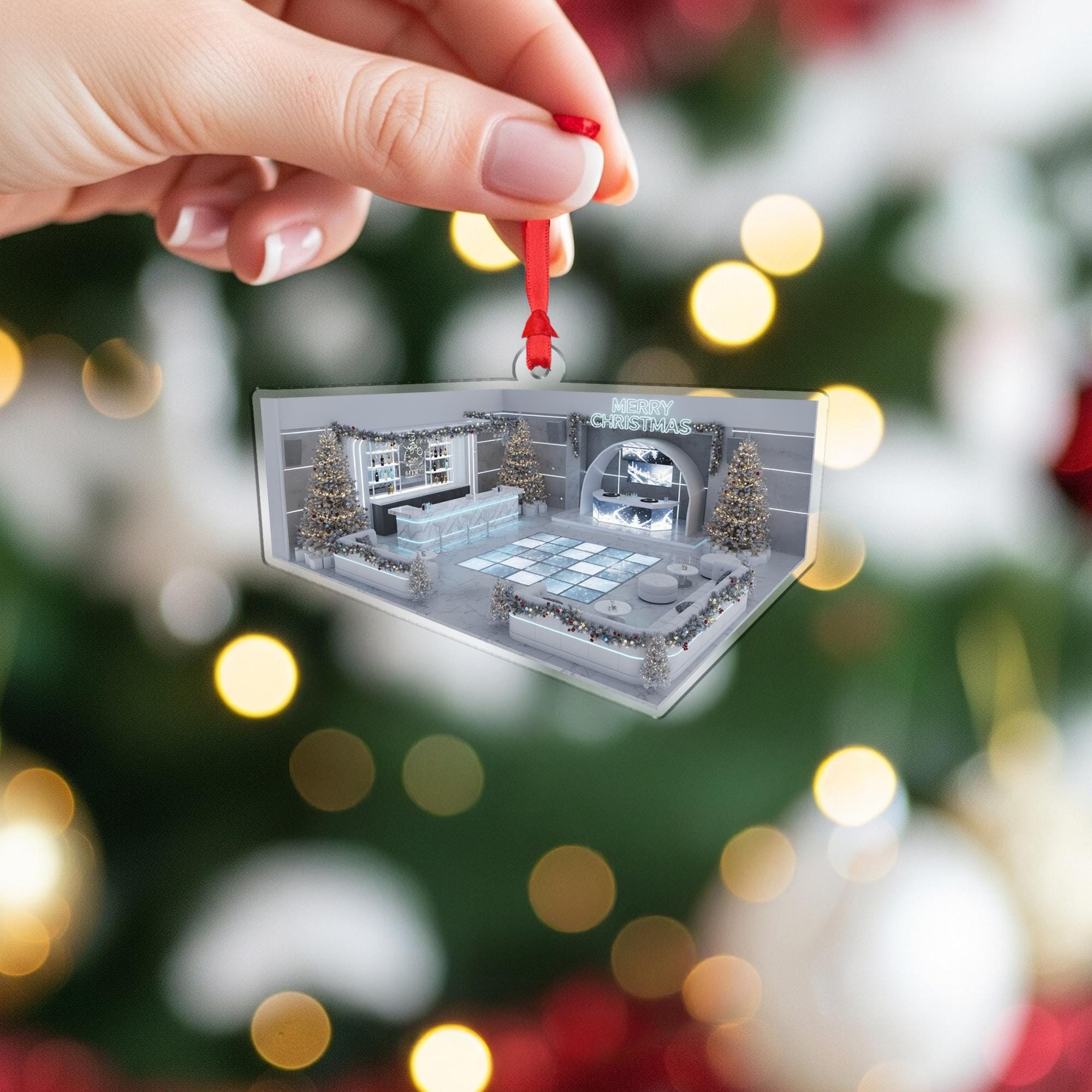 Acrylic Lounge Ornament – Modern Bar Scene Christmas Tree Decoration with Lights and Trees