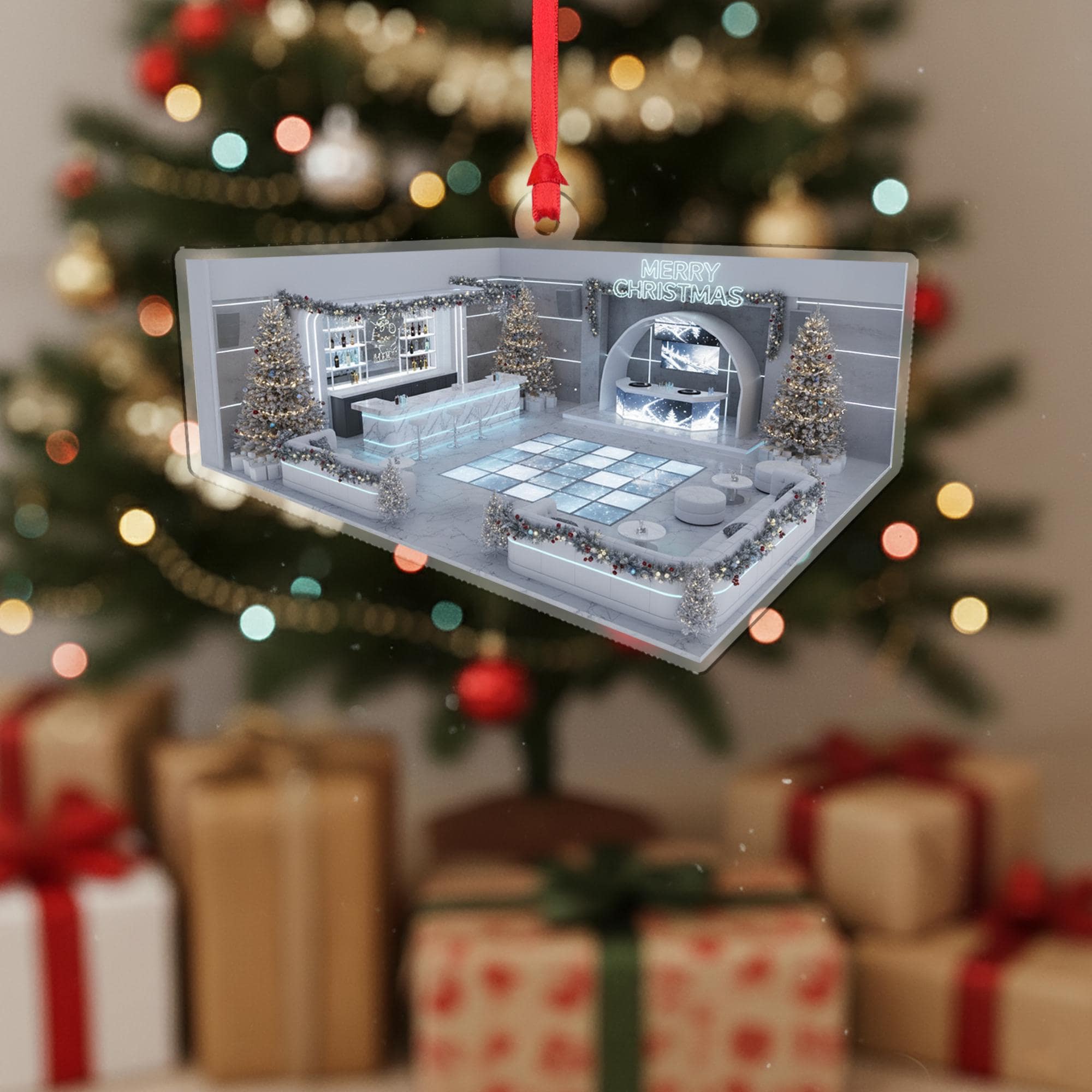 Acrylic Lounge Ornament – Modern Bar Scene Christmas Tree Decoration with Lights and Trees