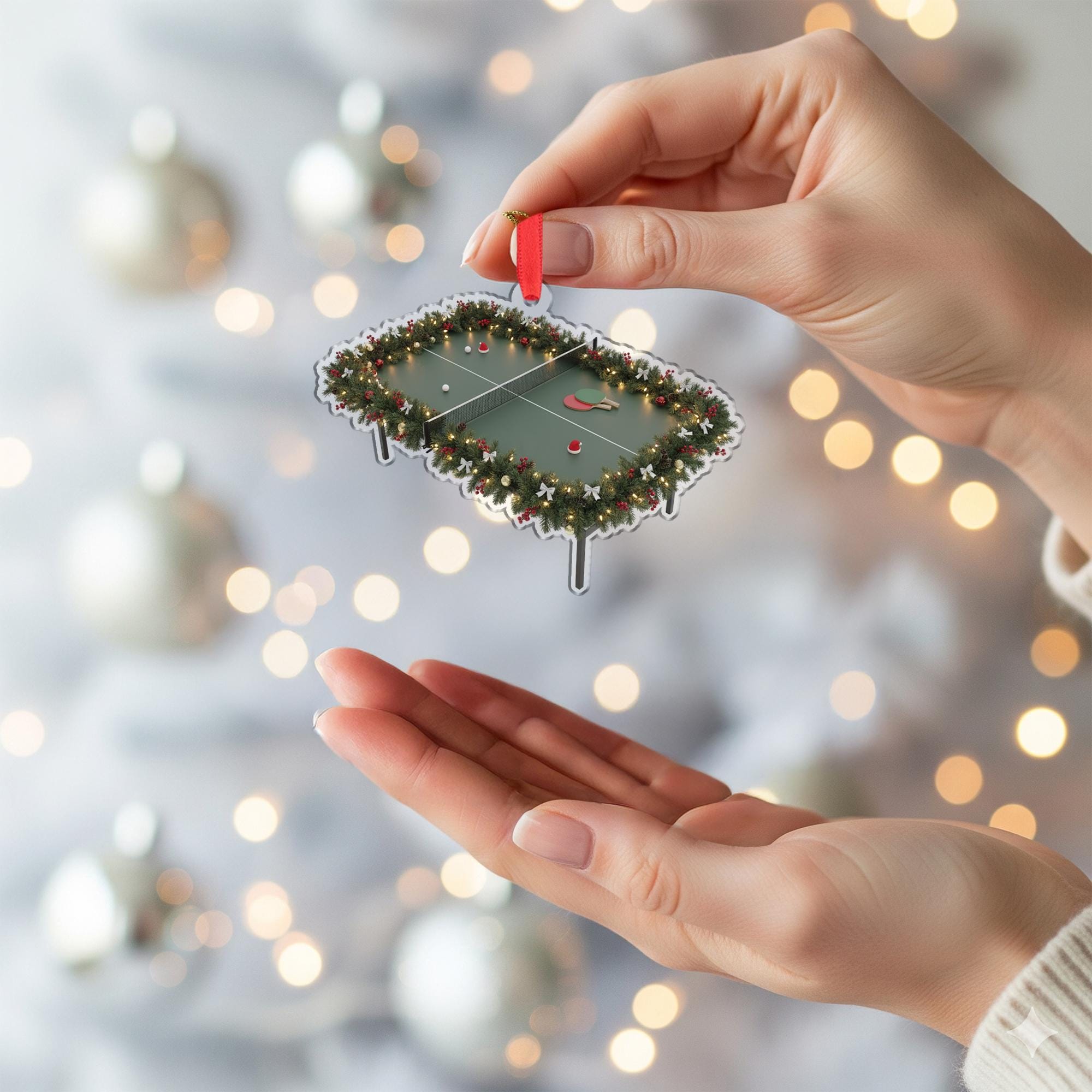 Wooden Ping Pong Ornament – Table Tennis Christmas Tree Decoration with Paddles and Garland
