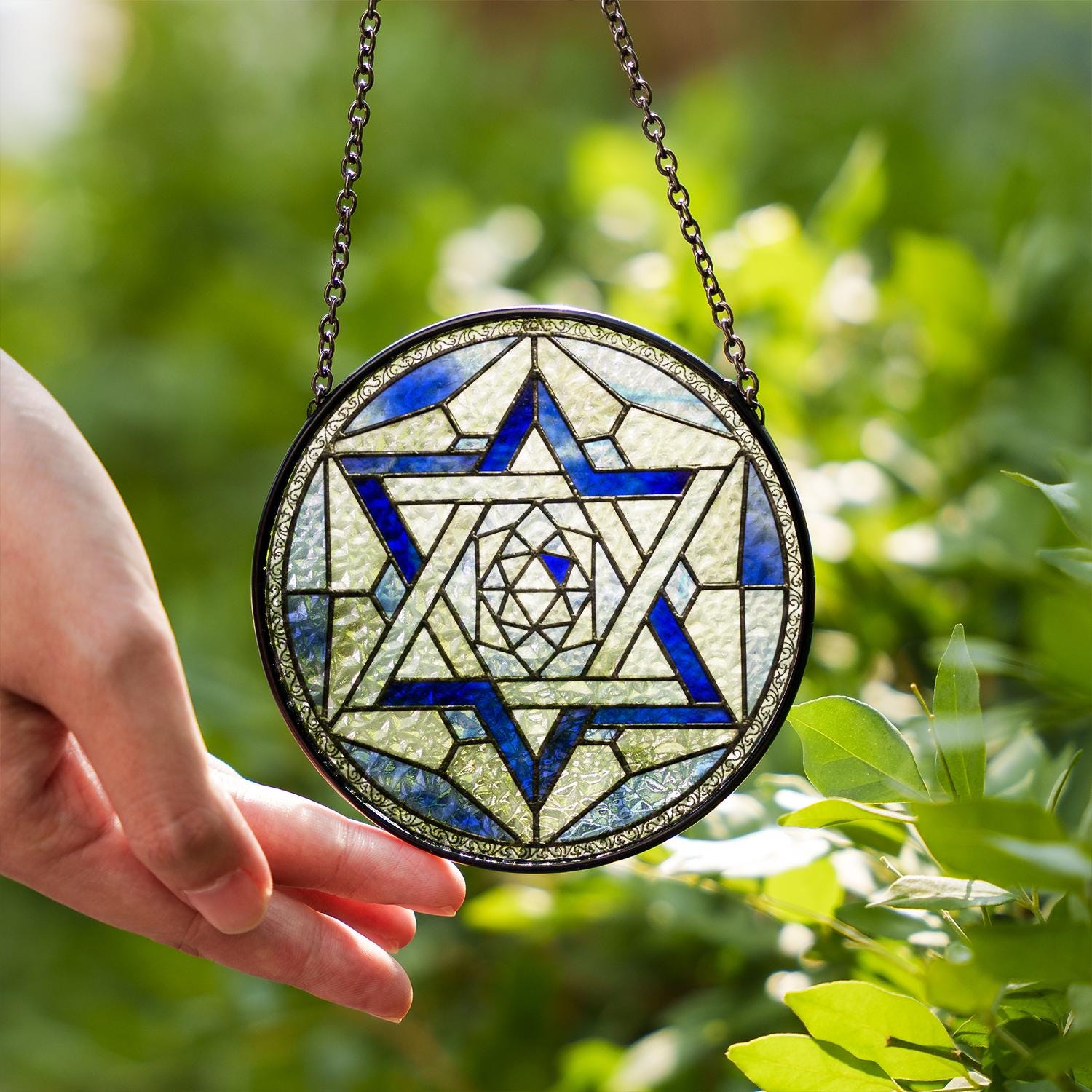 Glass Suncatcher Star of David Blue Stained Glass Judaica Window Hanging