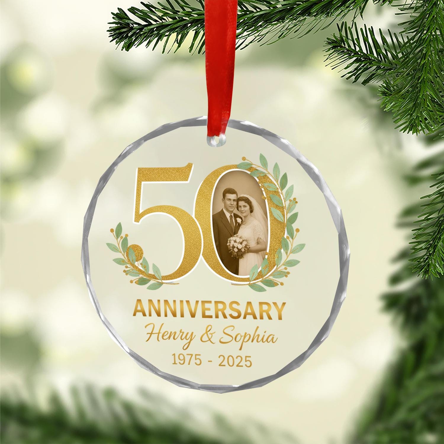 Glass Ornament 50th Anniversary Personalized Photo Golden Wedding Decoration