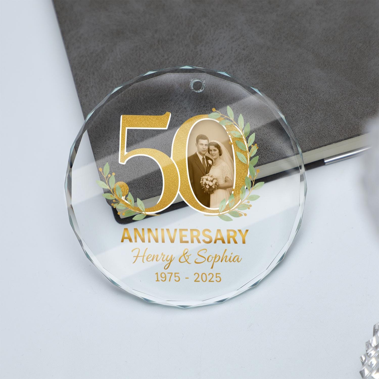 Glass Ornament 50th Anniversary Personalized Photo Golden Wedding Decoration