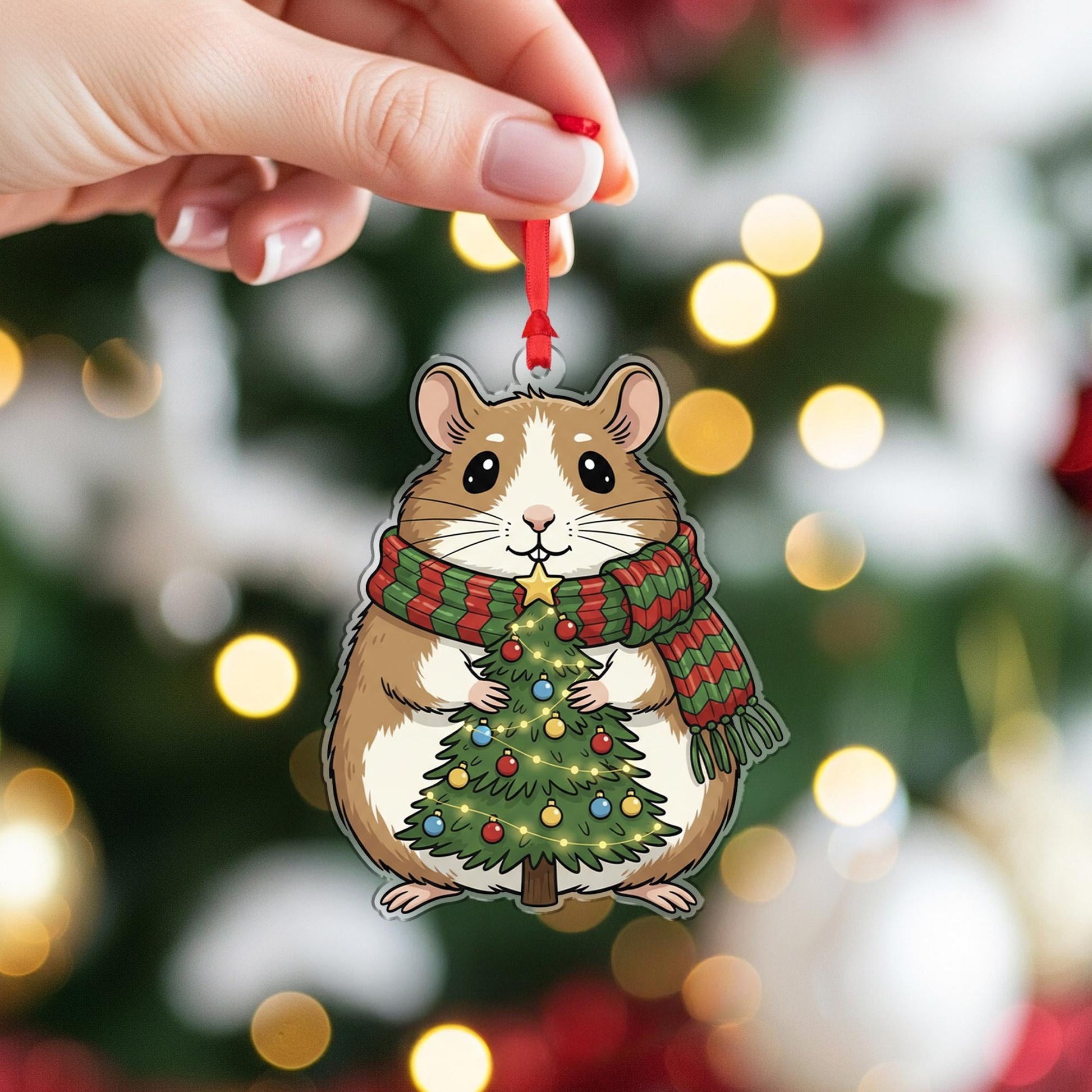 Acrylic Hamster Ornament – Christmas Tree Decoration with Scarf and Holiday Lights