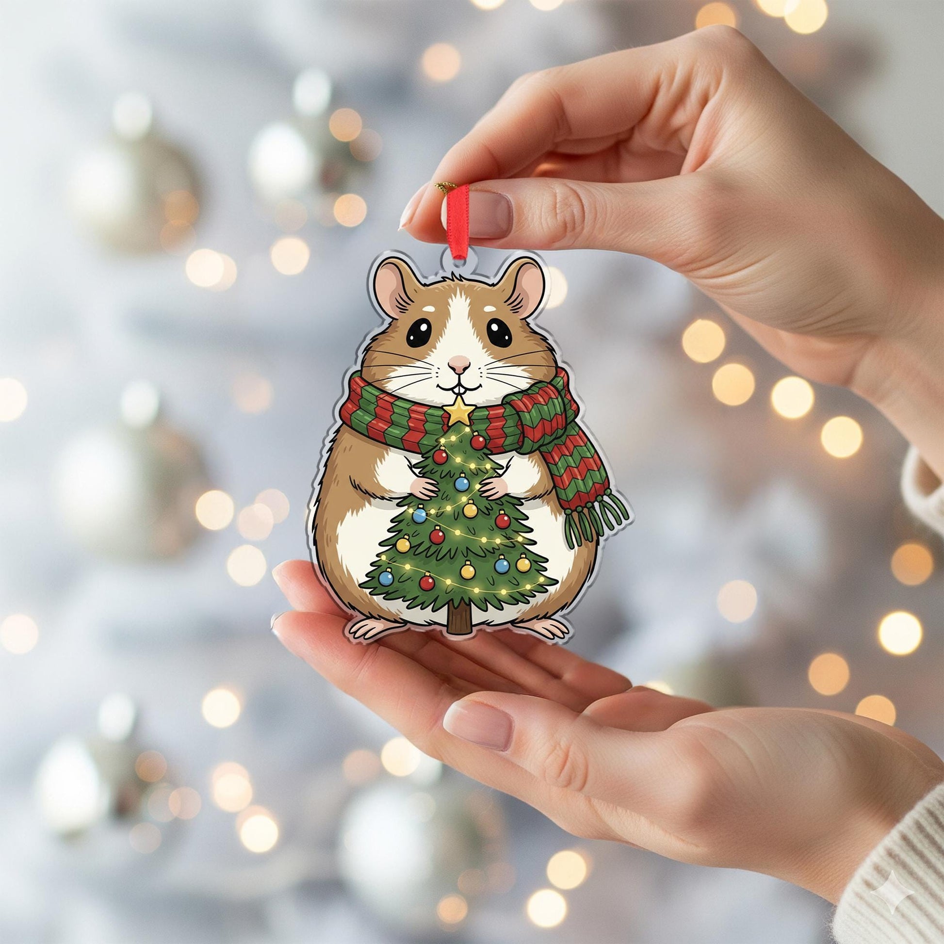 Acrylic Hamster Ornament – Christmas Tree Decoration with Scarf and Holiday Lights