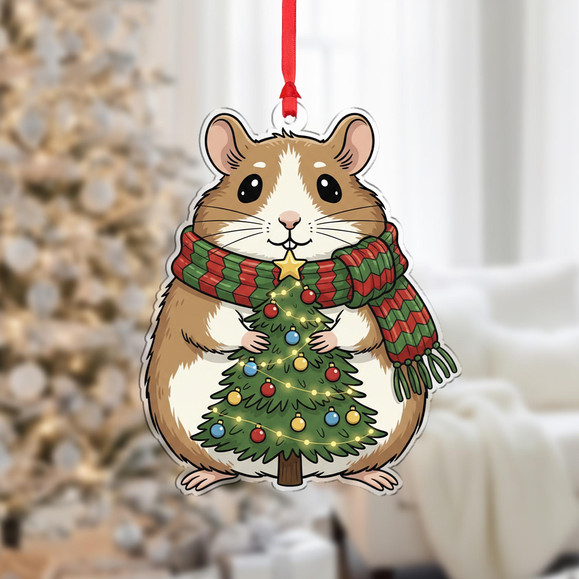 Acrylic Hamster Ornament – Christmas Tree Decoration with Scarf and Holiday Lights