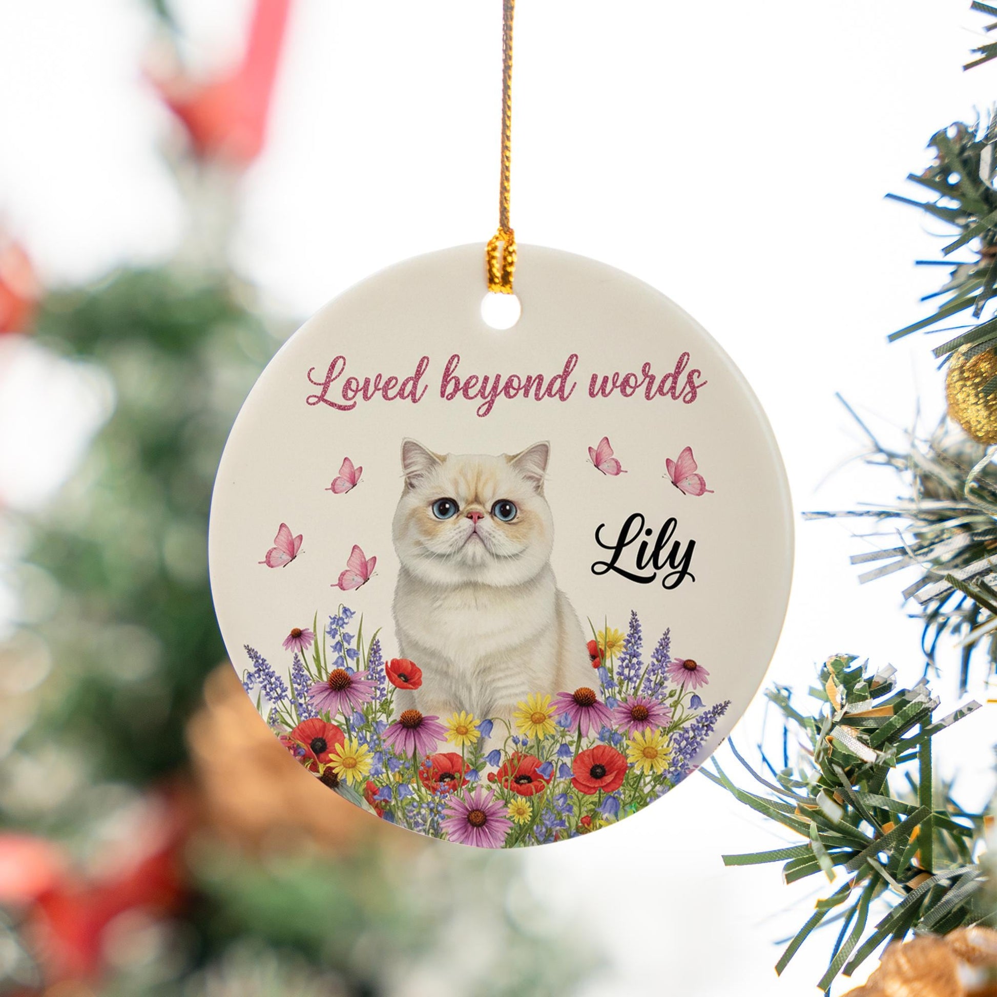 Personalized Ceramic Cat Ornament – Custom Pet Memorial Decoration with Flowers and Butterflies