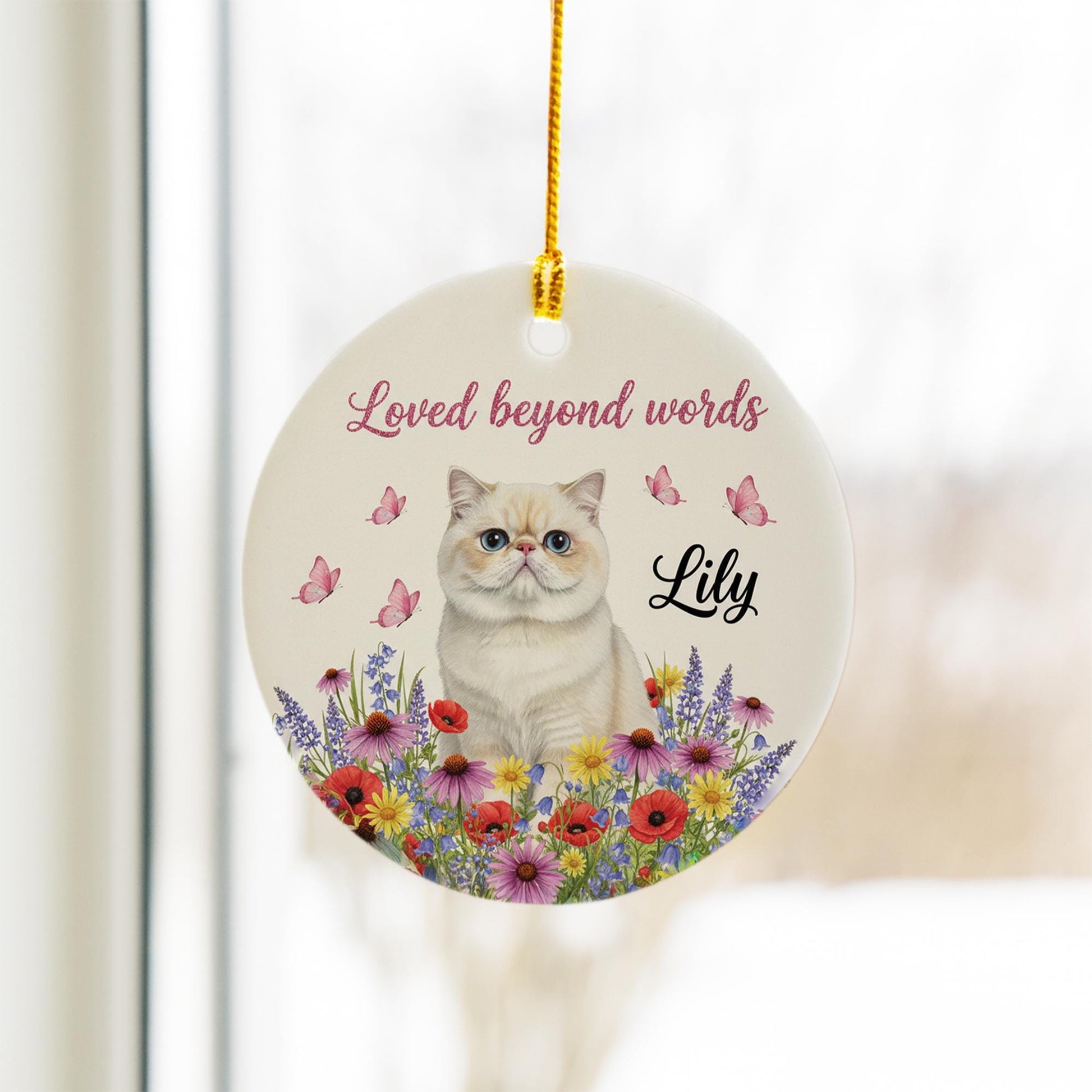 Personalized Ceramic Cat Ornament – Custom Pet Memorial Decoration with Flowers and Butterflies