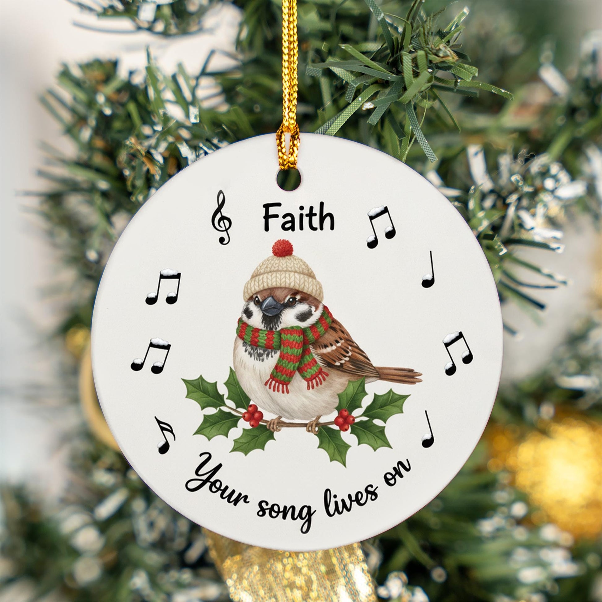 Personalized Ceramic Bird Ornament – Custom Sparrow Memorial Decoration with Music Notes