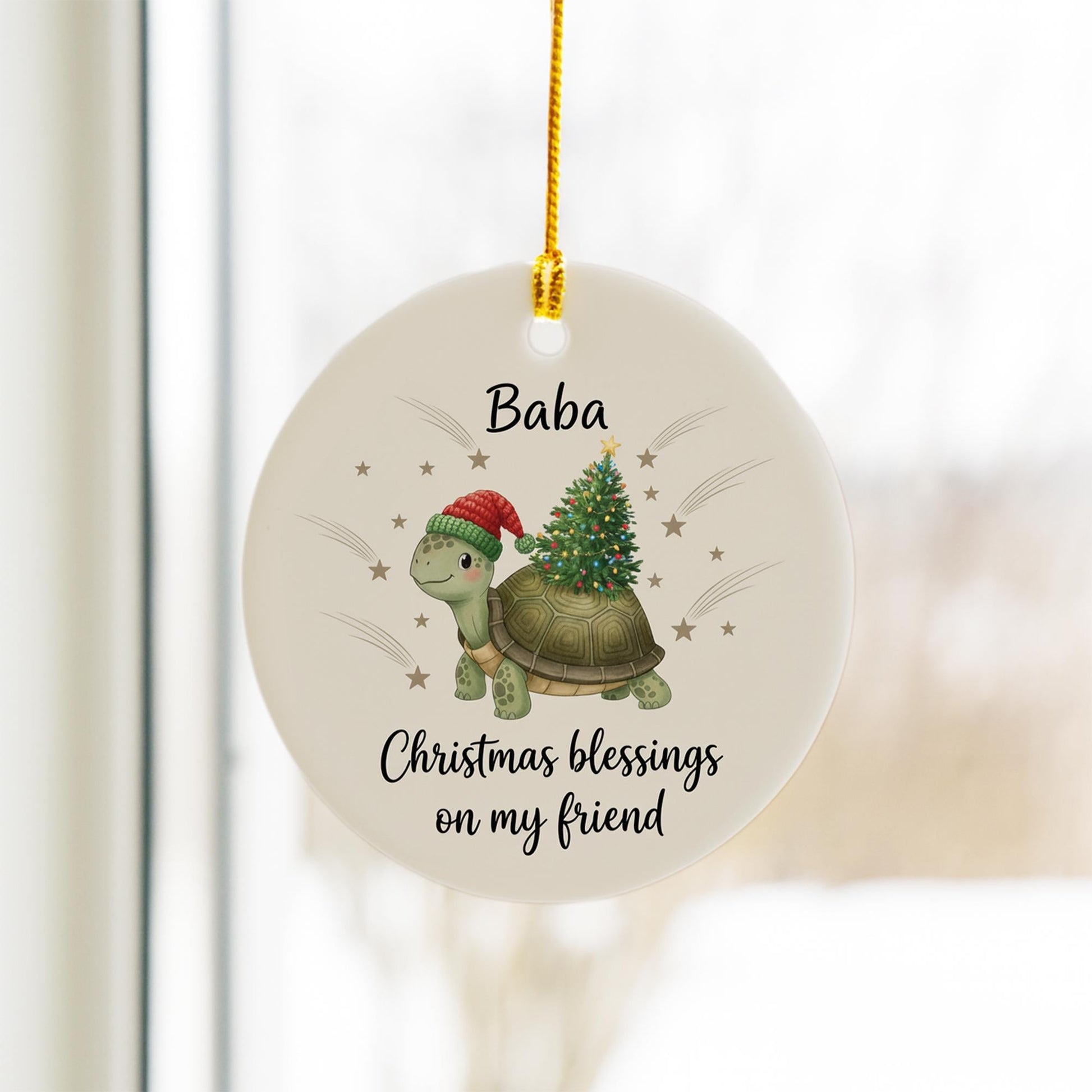 Personalized Ceramic Turtle Ornament – Custom Christmas Tree Decoration with Santa Hat and Holiday Lights