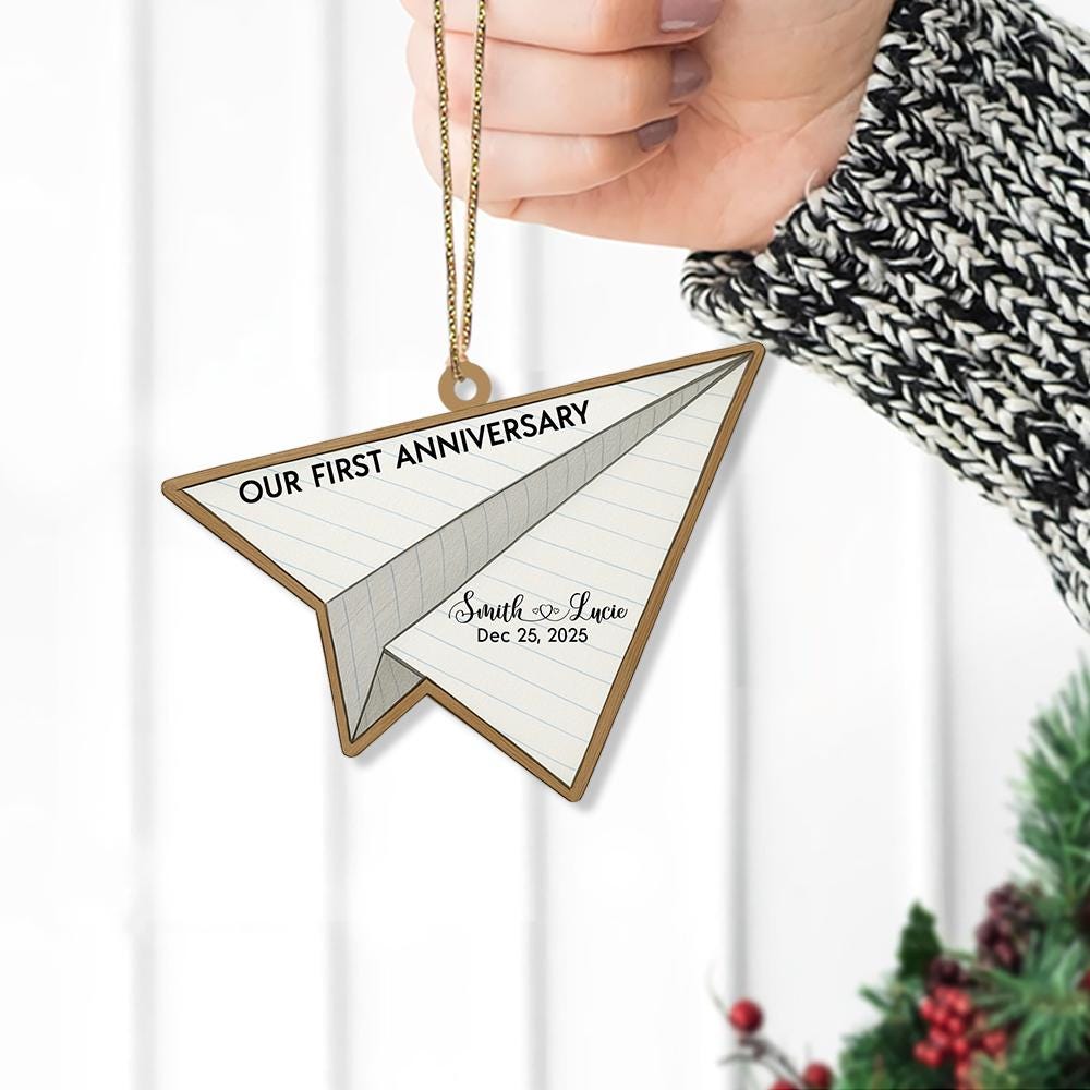 Paper Airplane Ornament • First Anniversary Ornament • Custom Date Ornament • Acrylic or Wood Christmas Ornament