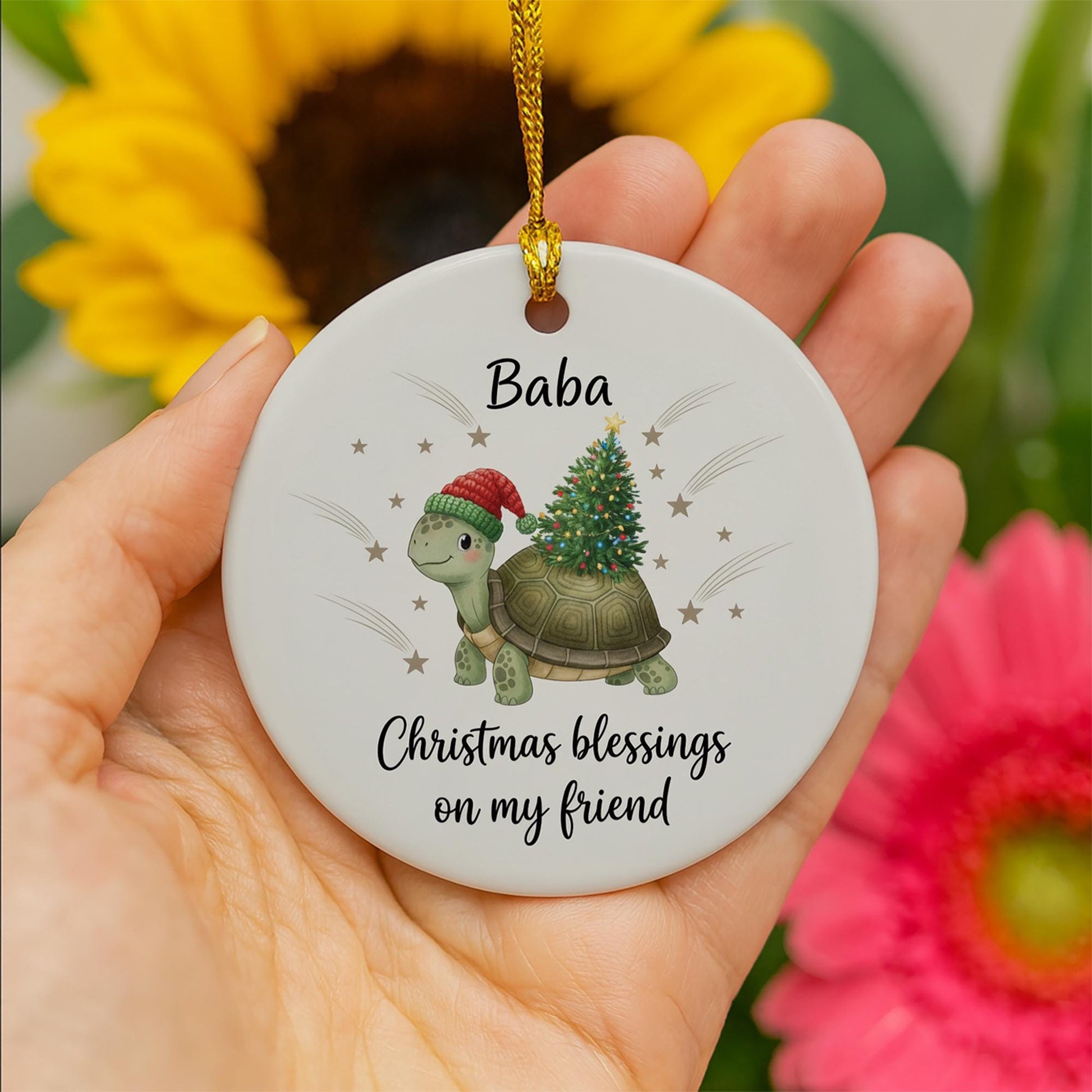 Personalized Ceramic Turtle Ornament – Custom Christmas Tree Decoration with Santa Hat and Holiday Lights
