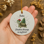 Personalized Ceramic Turtle Ornament – Custom Christmas Tree Decoration with Santa Hat and Holiday Lights