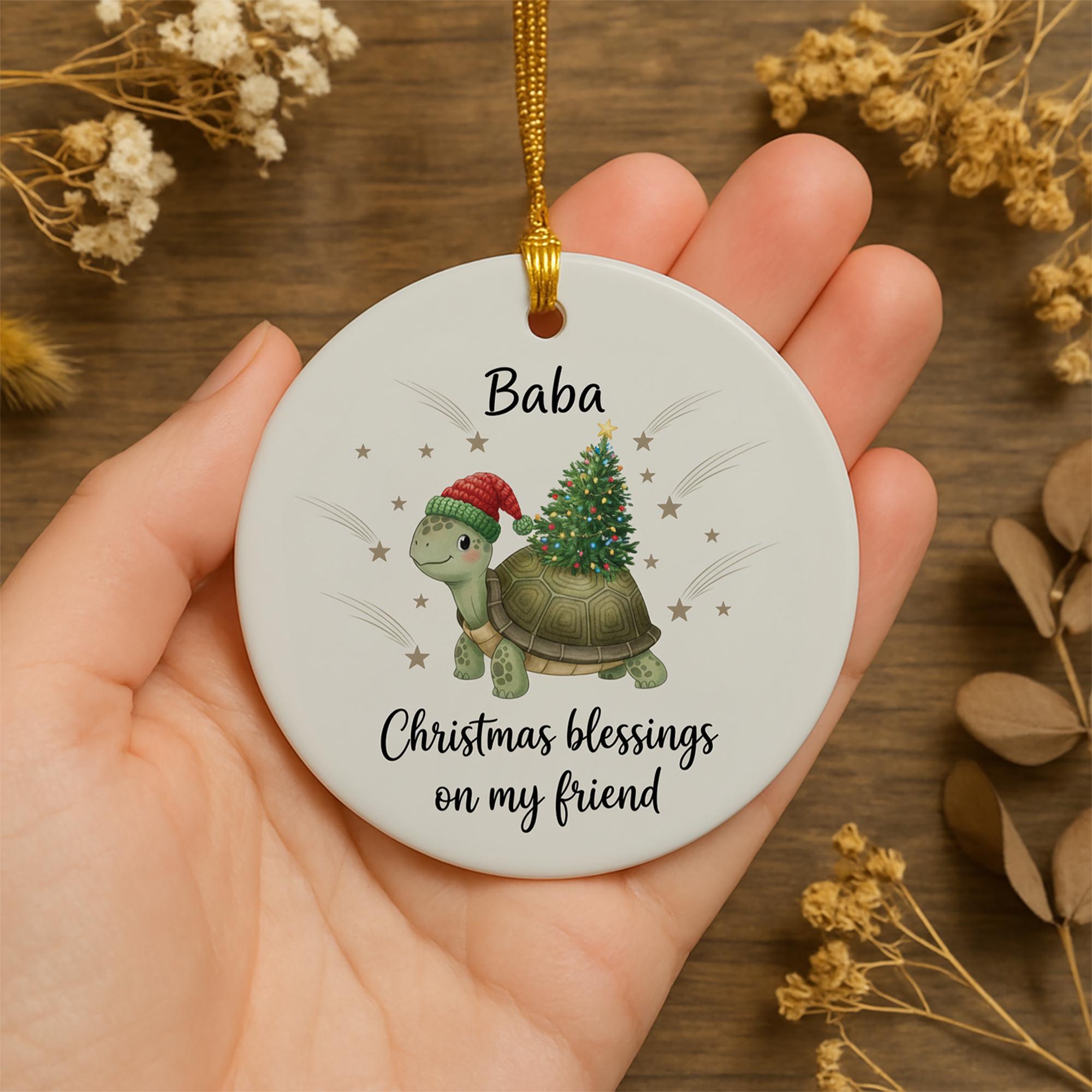 Personalized Ceramic Turtle Ornament – Custom Christmas Tree Decoration with Santa Hat and Holiday Lights