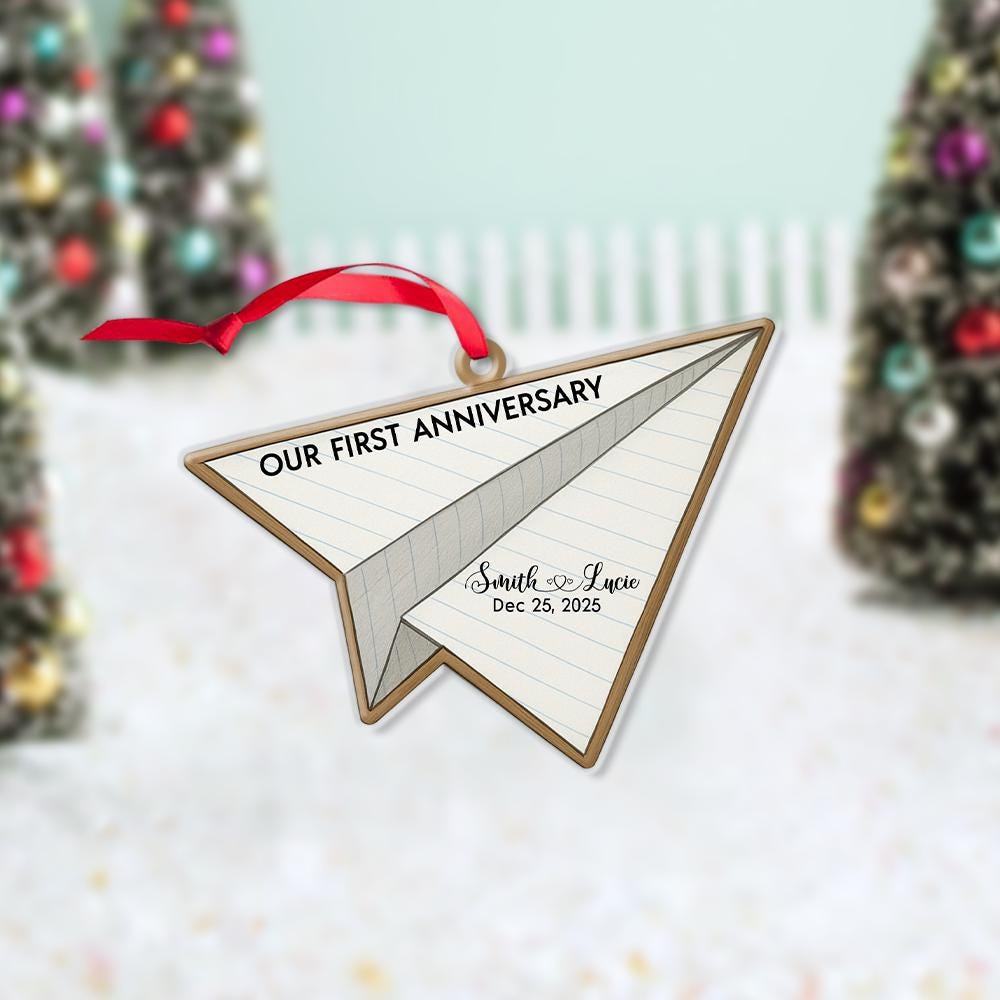 Paper Airplane Ornament • First Anniversary Ornament • Custom Date Ornament • Acrylic or Wood Christmas Ornament