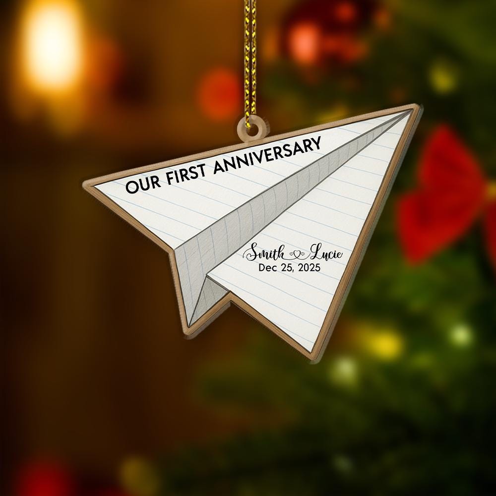 Paper Airplane Ornament • First Anniversary Ornament • Custom Date Ornament • Acrylic or Wood Christmas Ornament