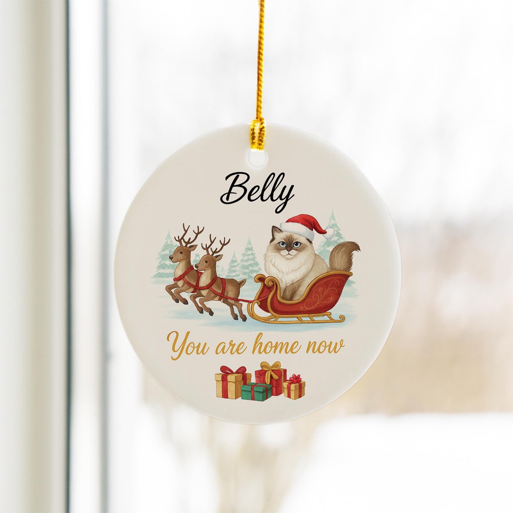 Personalized Ceramic Cat Ornament – Custom Pet Memorial Decoration with Sleigh and Reindeer