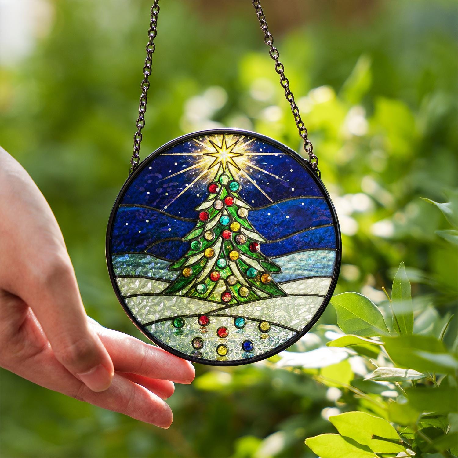 Glass Suncatcher Christmas Tree Stained Glass Holiday Window Hanging
