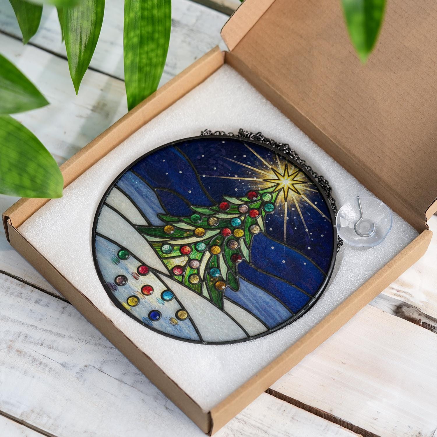 Glass Suncatcher Christmas Tree Stained Glass Holiday Window Hanging