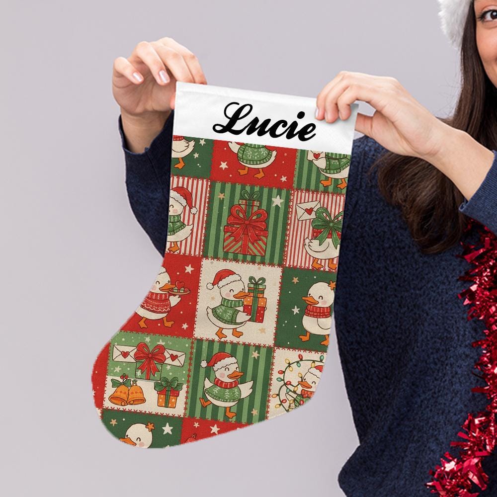 Personalized Christmas Stocking with Name – Duck Pattern Holiday Stocking – Custom Xmas Tree Decoration
