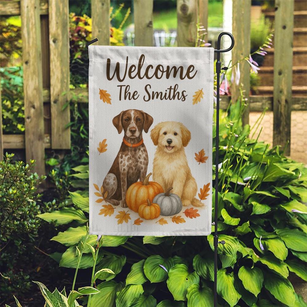 Garden Flag Personalized Dog Design with Pumpkins and Fall Leaves Outdoor Decoration