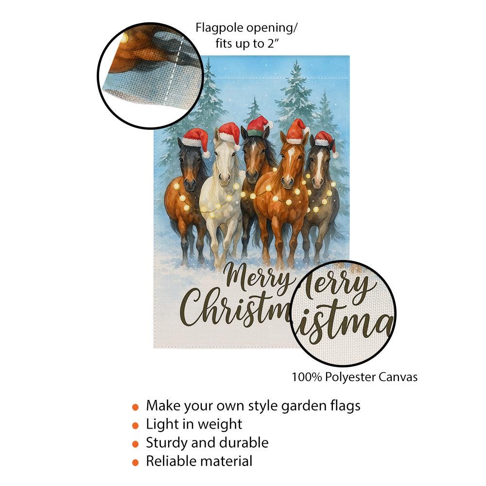 Garden Flag Christmas Horses with Santa Hats Winter Outdoor Decoration