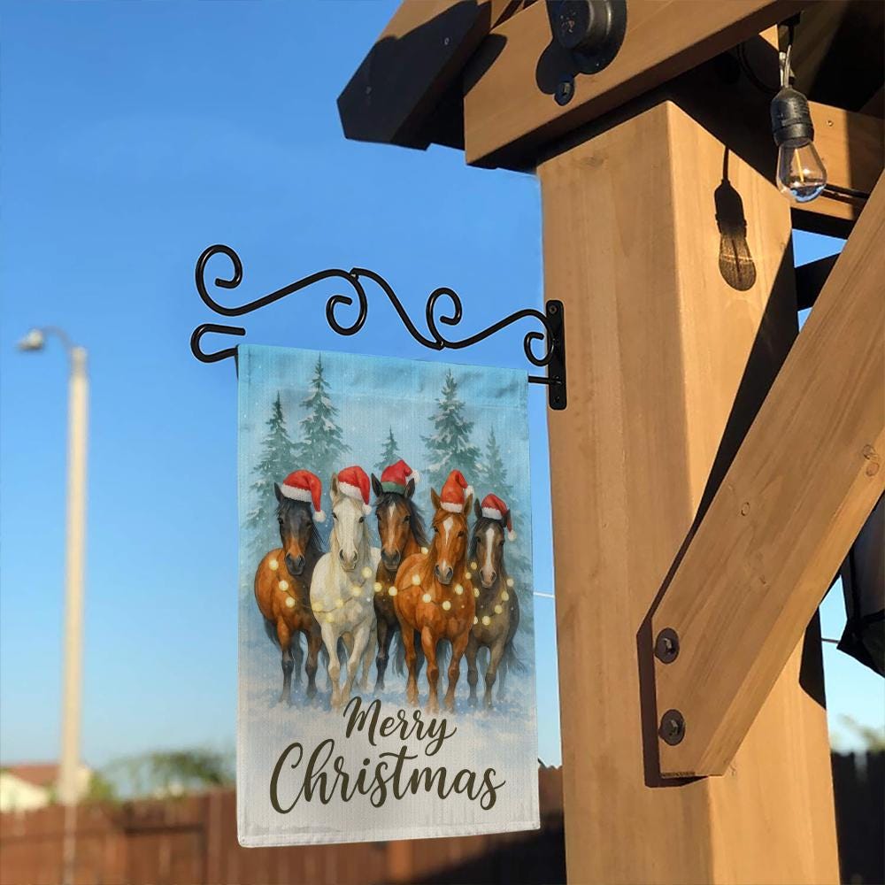 Garden Flag Christmas Horses with Santa Hats Winter Outdoor Decoration