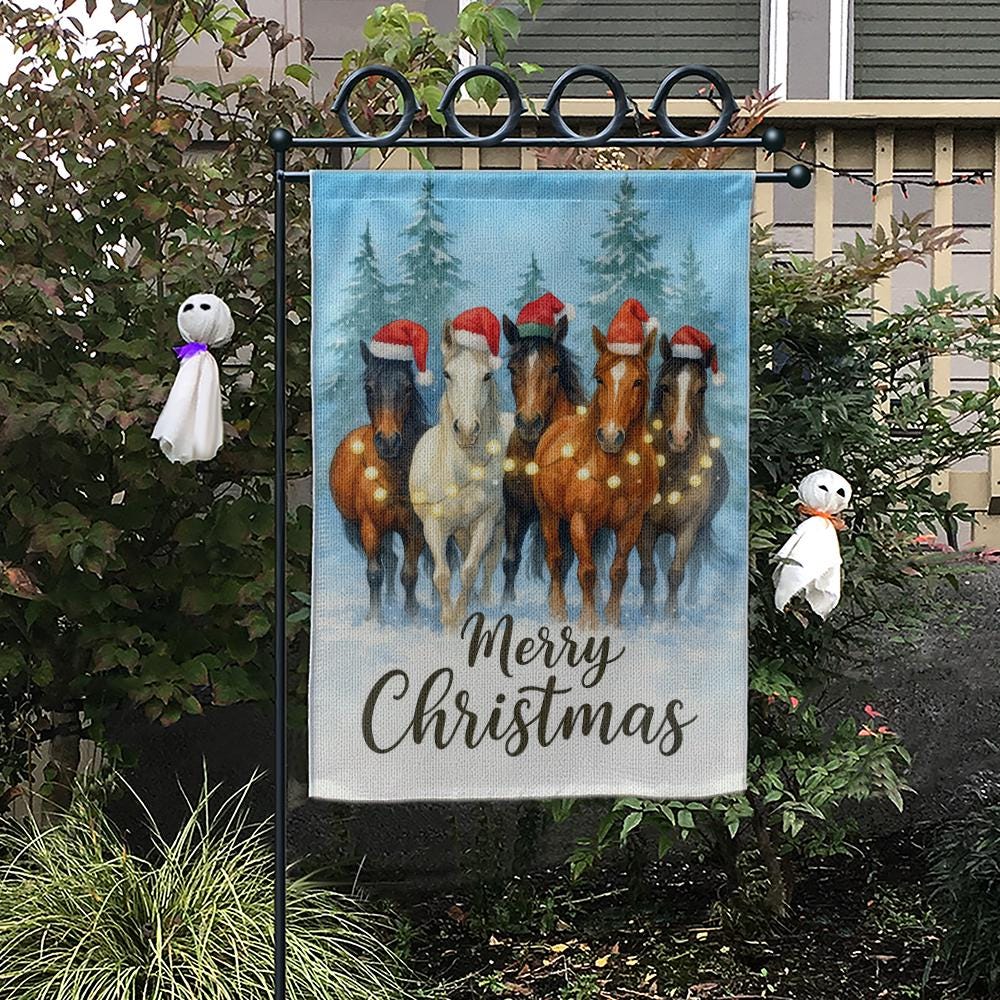Garden Flag Christmas Horses with Santa Hats Winter Outdoor Decoration