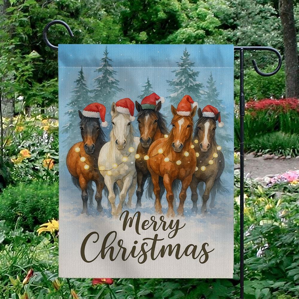 Garden Flag Christmas Horses with Santa Hats Winter Outdoor Decoration