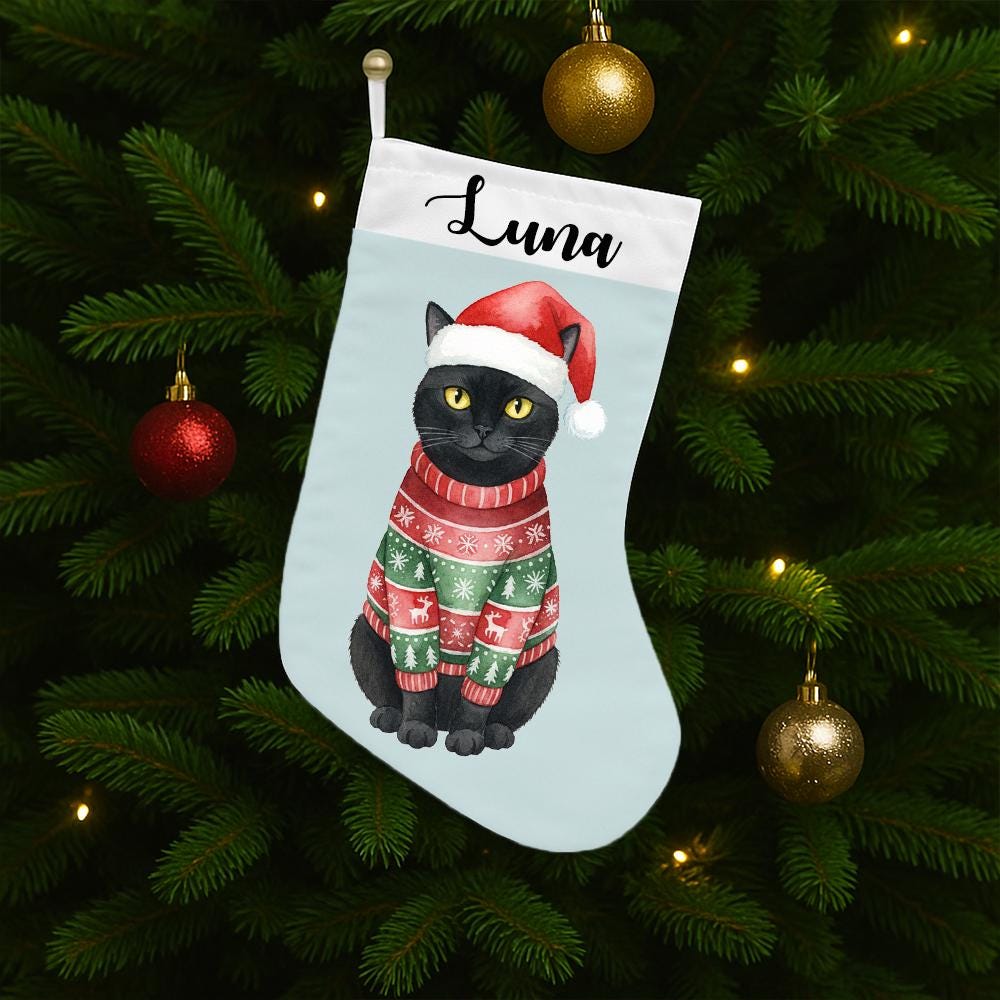 Personalized Pet Christmas Stocking: Black Cat in Santa Hat