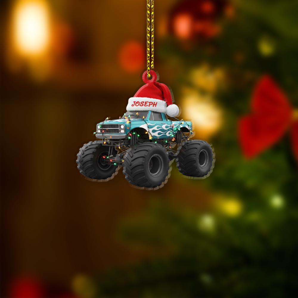 Ornament Monster Truck Personalized Christmas Tree Decoration with Santa Hat