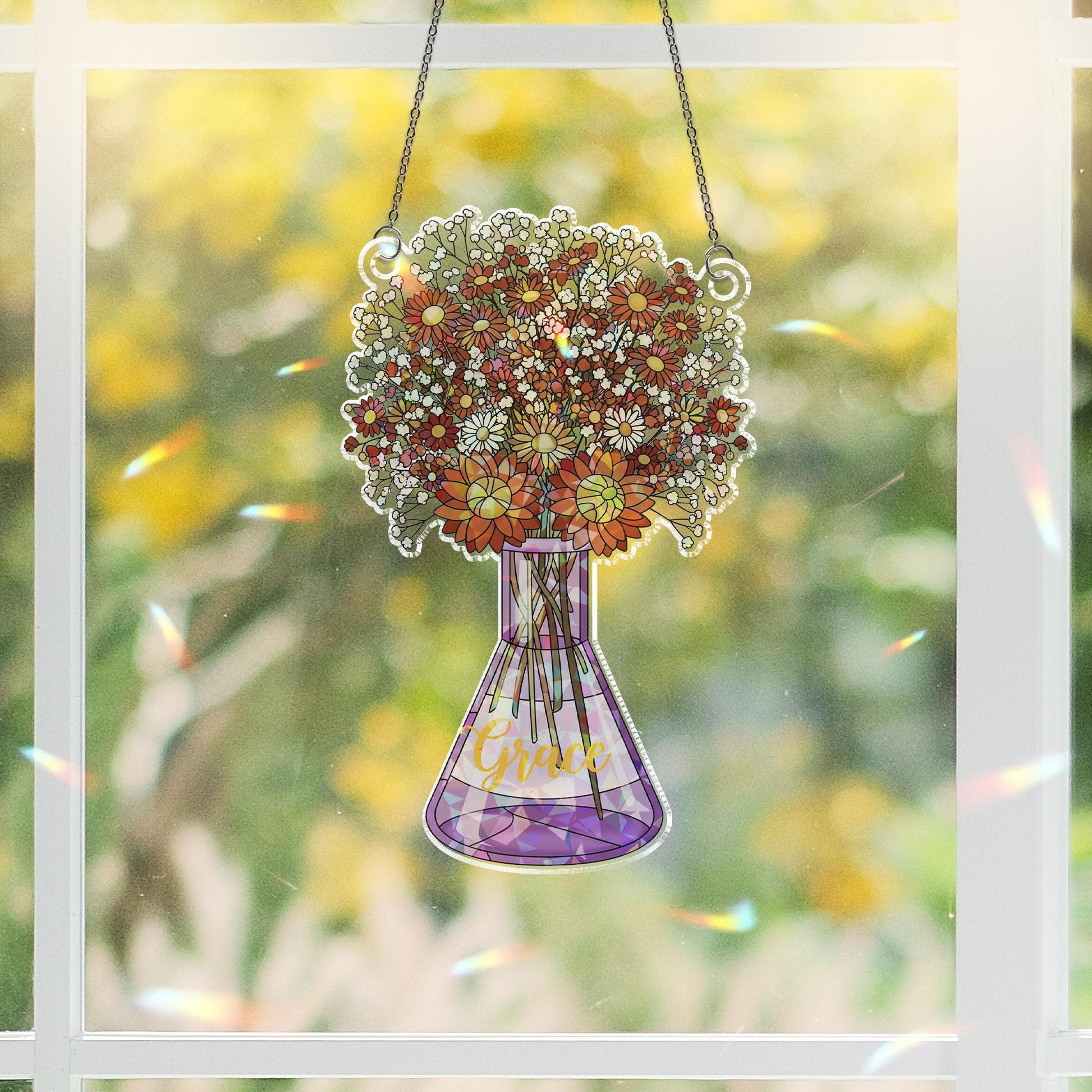 Holographic Wildflower Vase Window Hanging: Stained Glass Style Acrylic Ornament