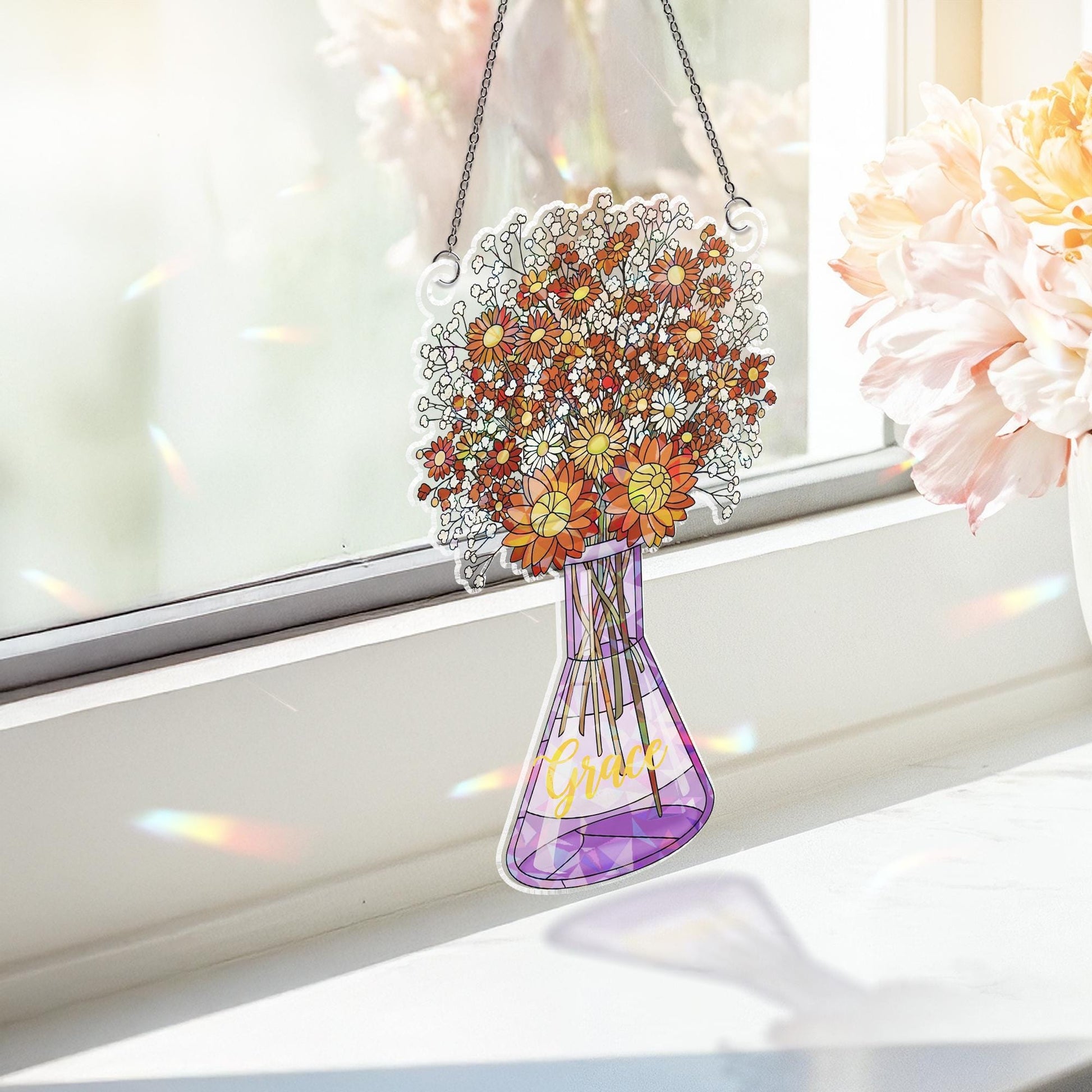 Holographic Wildflower Vase Window Hanging: Stained Glass Style Acrylic Ornament