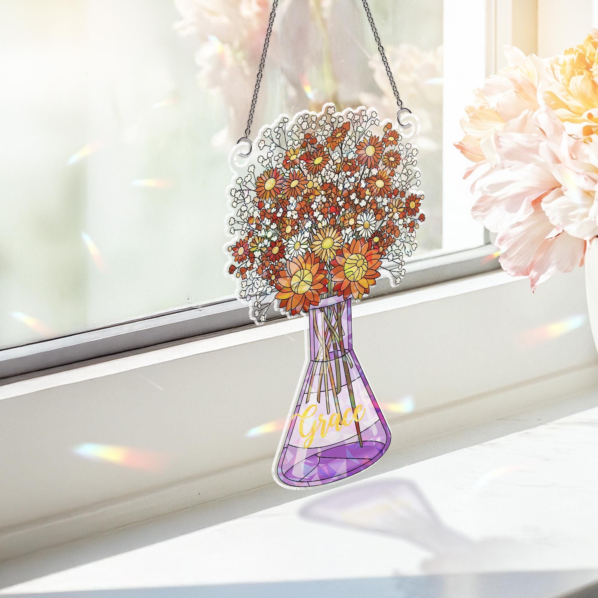 Holographic Wildflower Vase Window Hanging: Stained Glass Style Acrylic Ornament