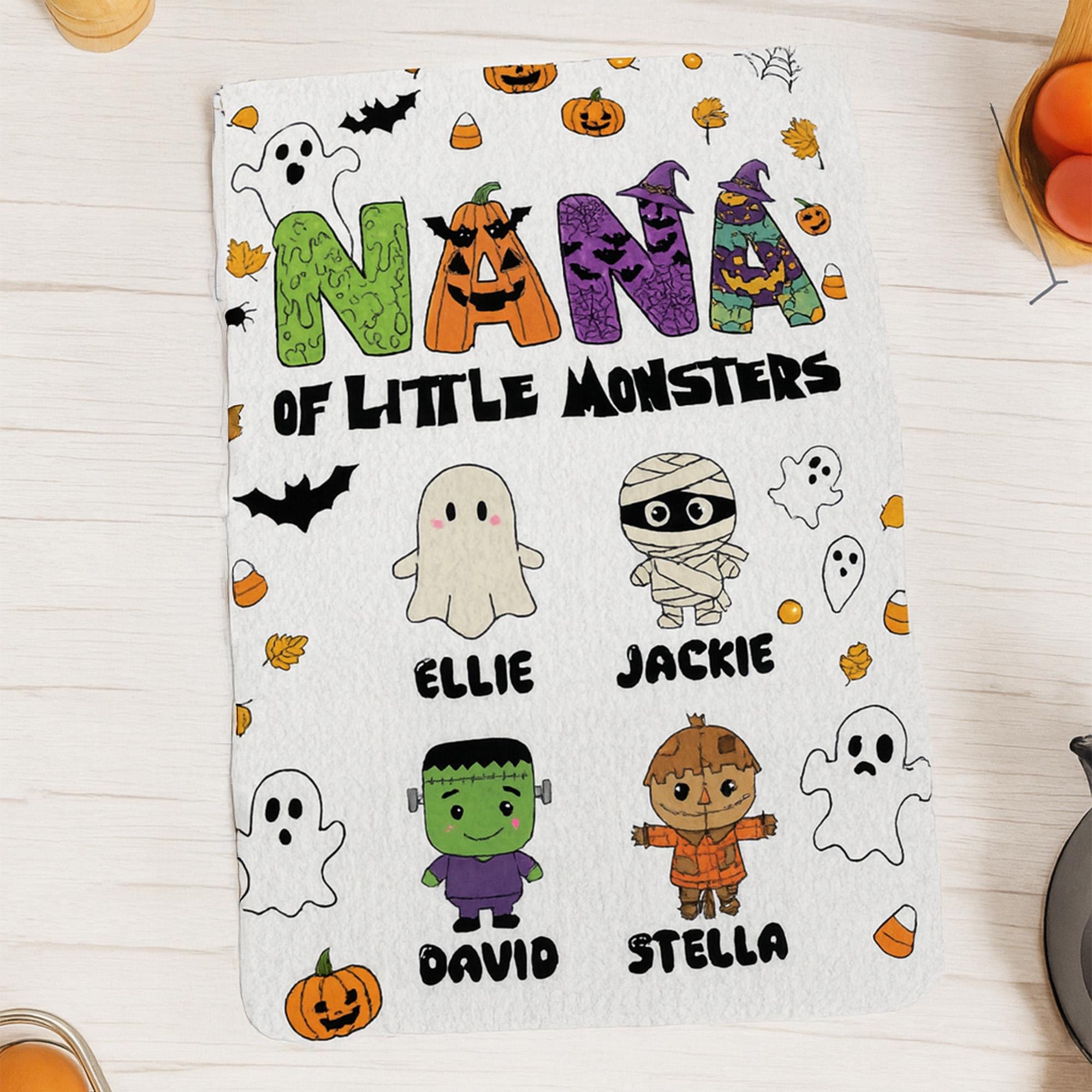 Personalized Halloween Kitchen Towel: Grandma of Little Monsters Fall Decor