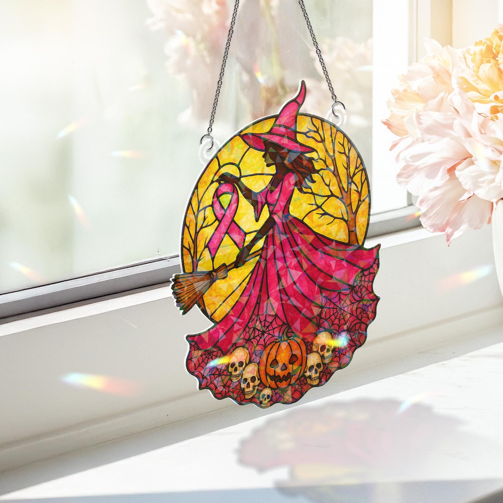 Pink Witch Holographic Suncatcher • Breast Cancer Awareness Acrylic Window Hanging • Warrior Gift Home Decor