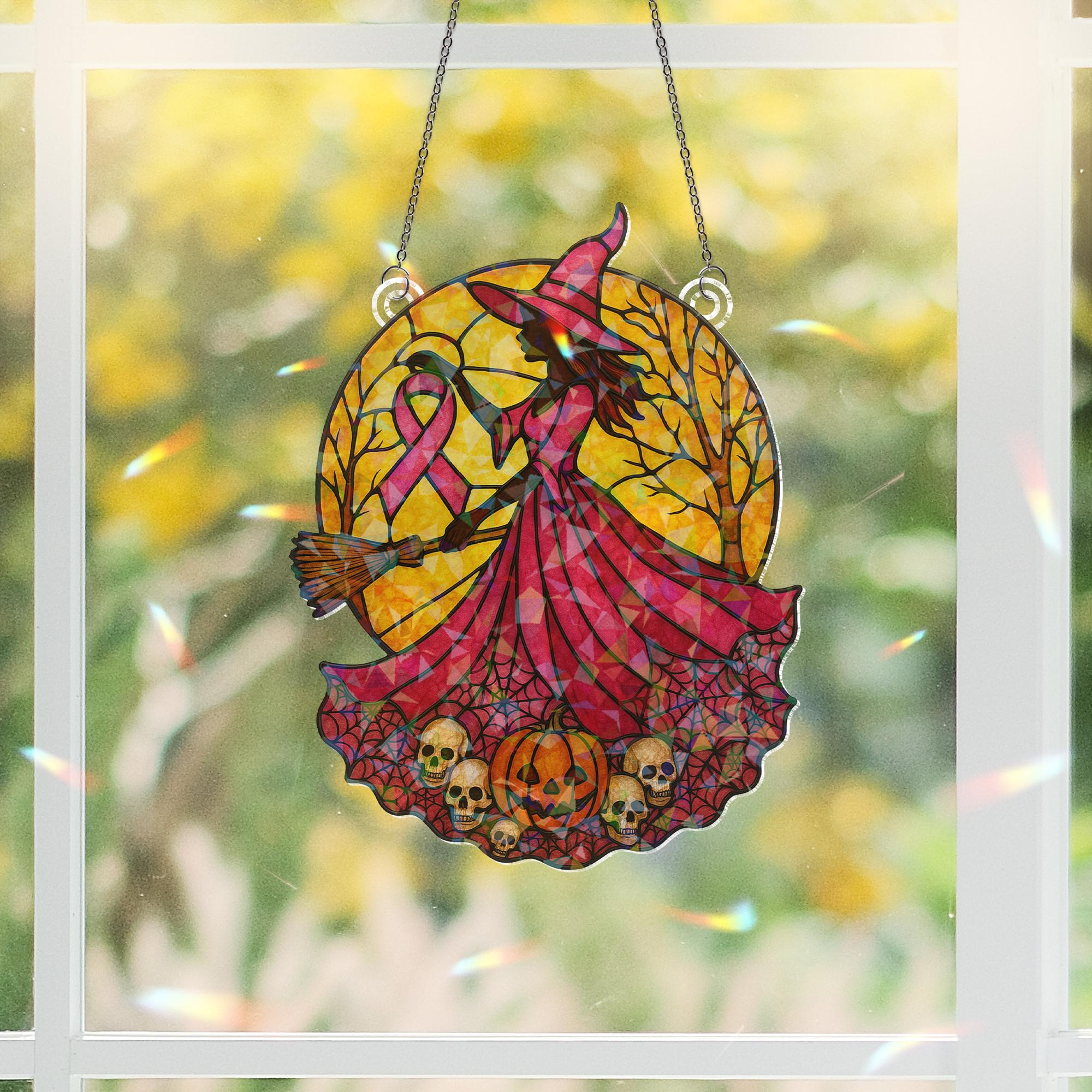 Pink Witch Holographic Suncatcher • Breast Cancer Awareness Acrylic Window Hanging • Warrior Gift Home Decor